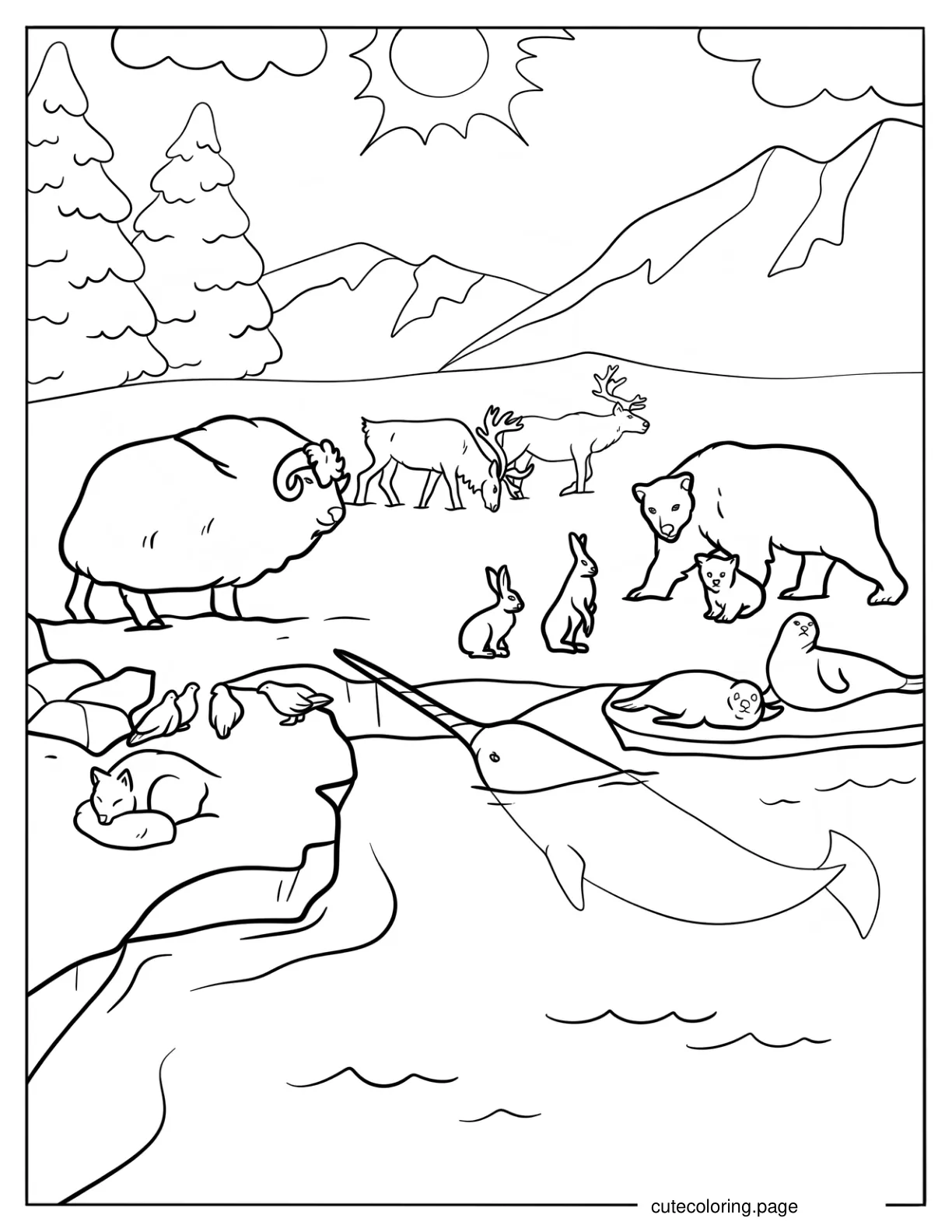 Arctic Animals Fox Narwhal Seal Polar Bear Reindeer And Musk Ox coloring page