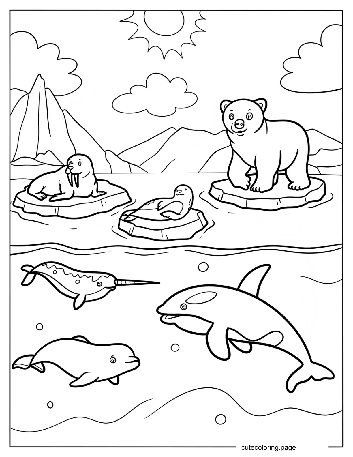 Arctic Animals On Ice Coloring Page For Kids coloring page