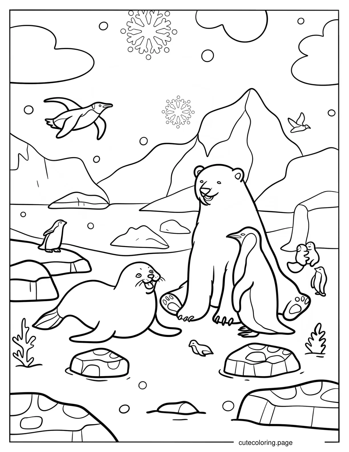 Arctic Animals Penguins Seal And Polar Bear On Ice coloring page