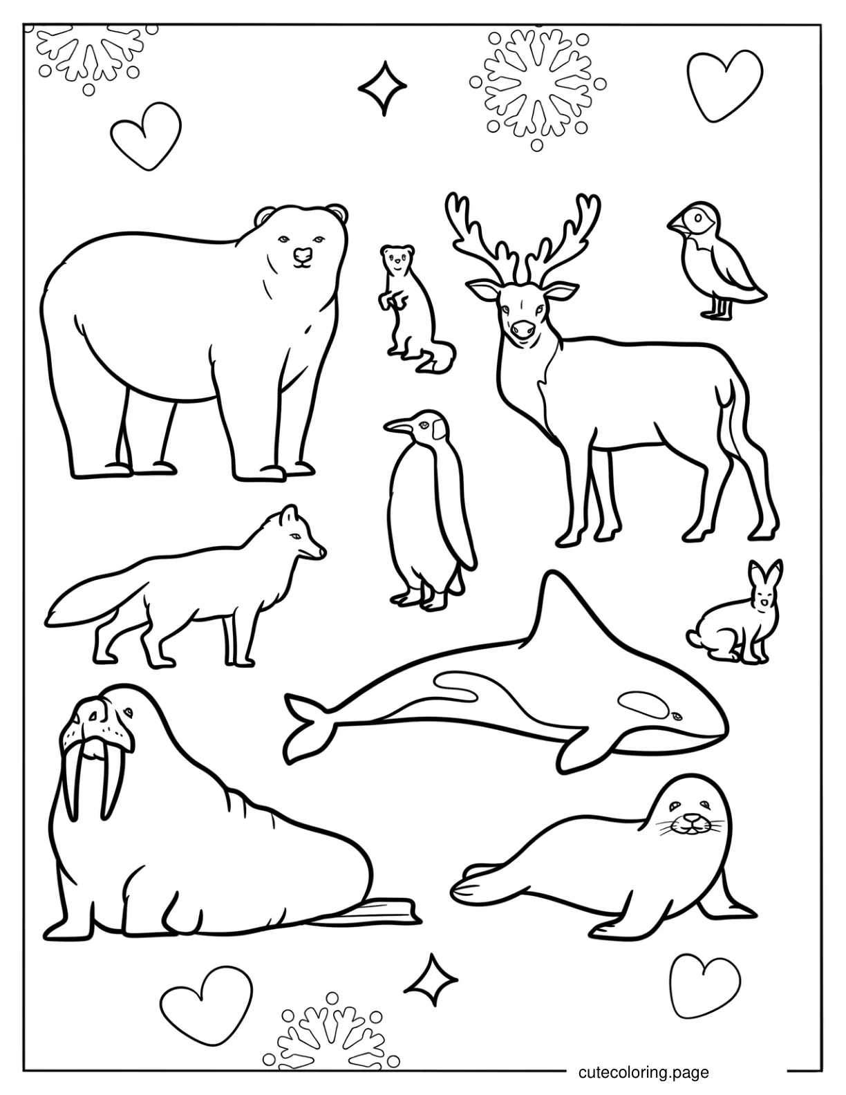 Arctic Animals Polar Bear Hare Seal Whale Fox Owl Puffin Walrus And Lemming  coloring page