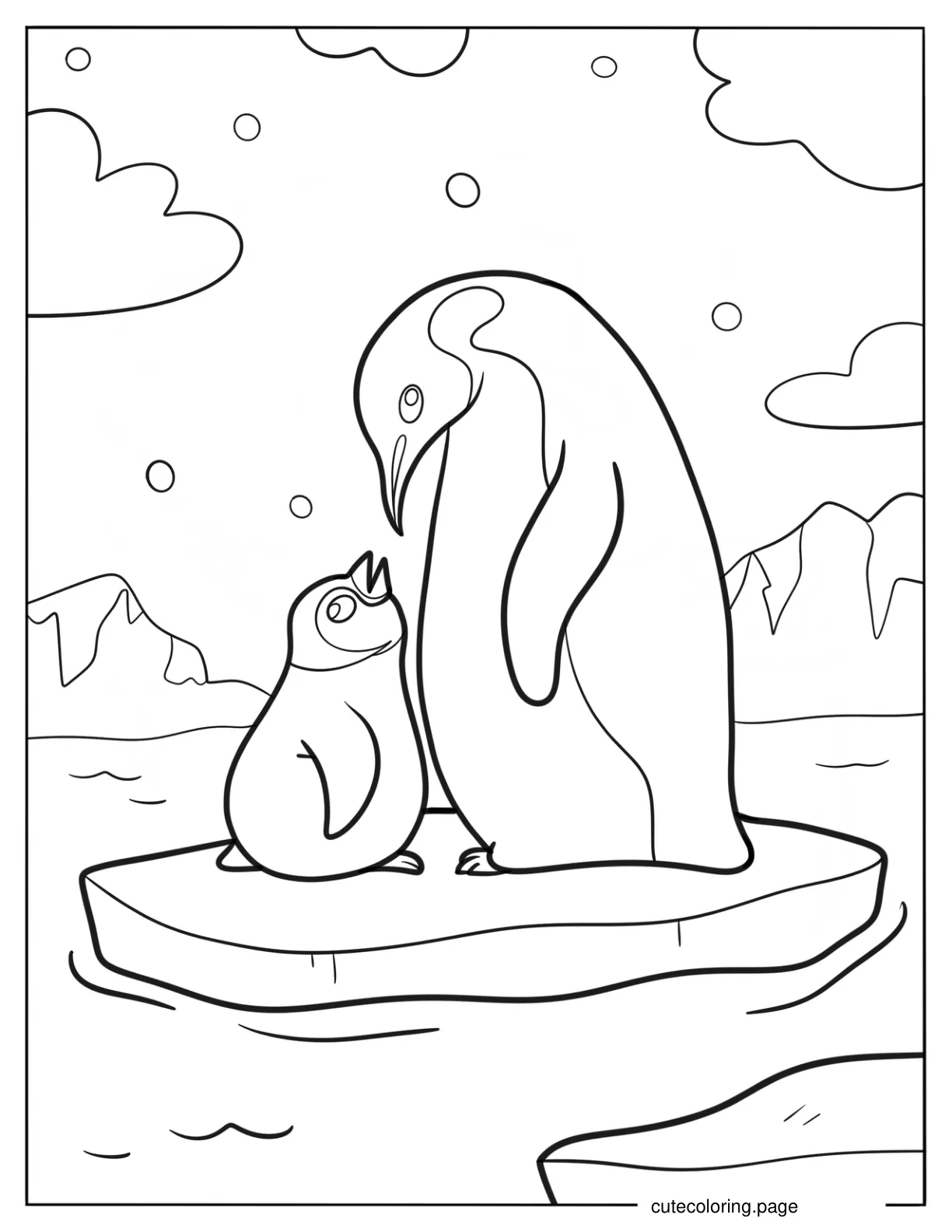 Emperor Penguin With Baby Penguin On A Piece Of Ice coloring page