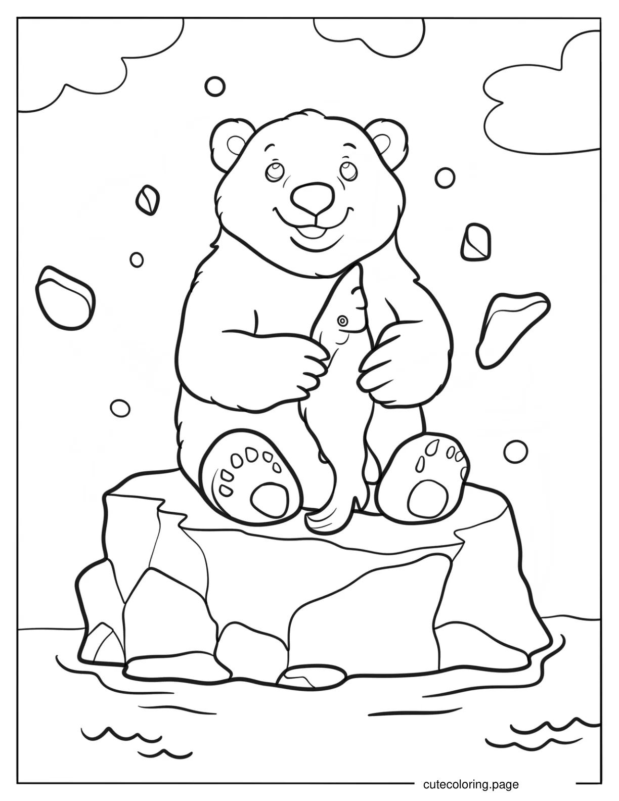 Polar Bear Catching Fish On An Iceberg Coloring Page coloring page