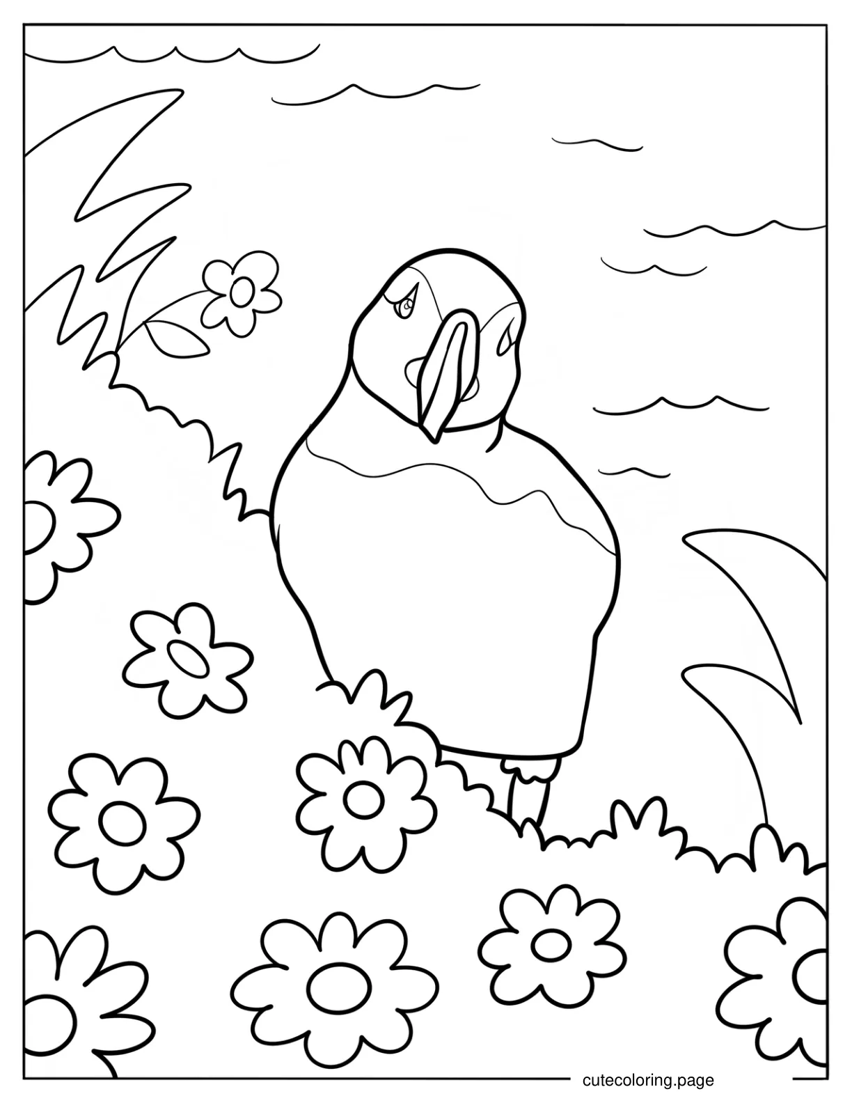 Puffin On A Flower Field Beside The Sea Arctic Animals Coloring Sheet coloring page