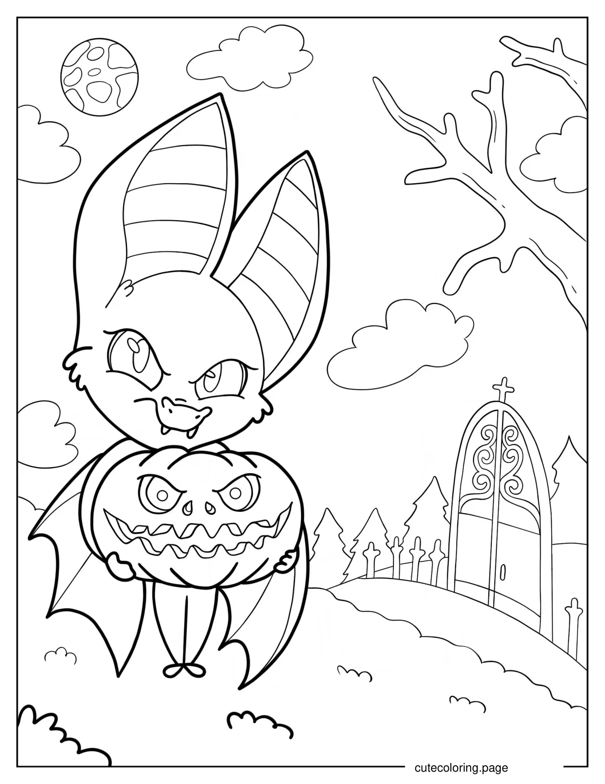 Cartoon Bat Holding Jack O Lantern coloring page