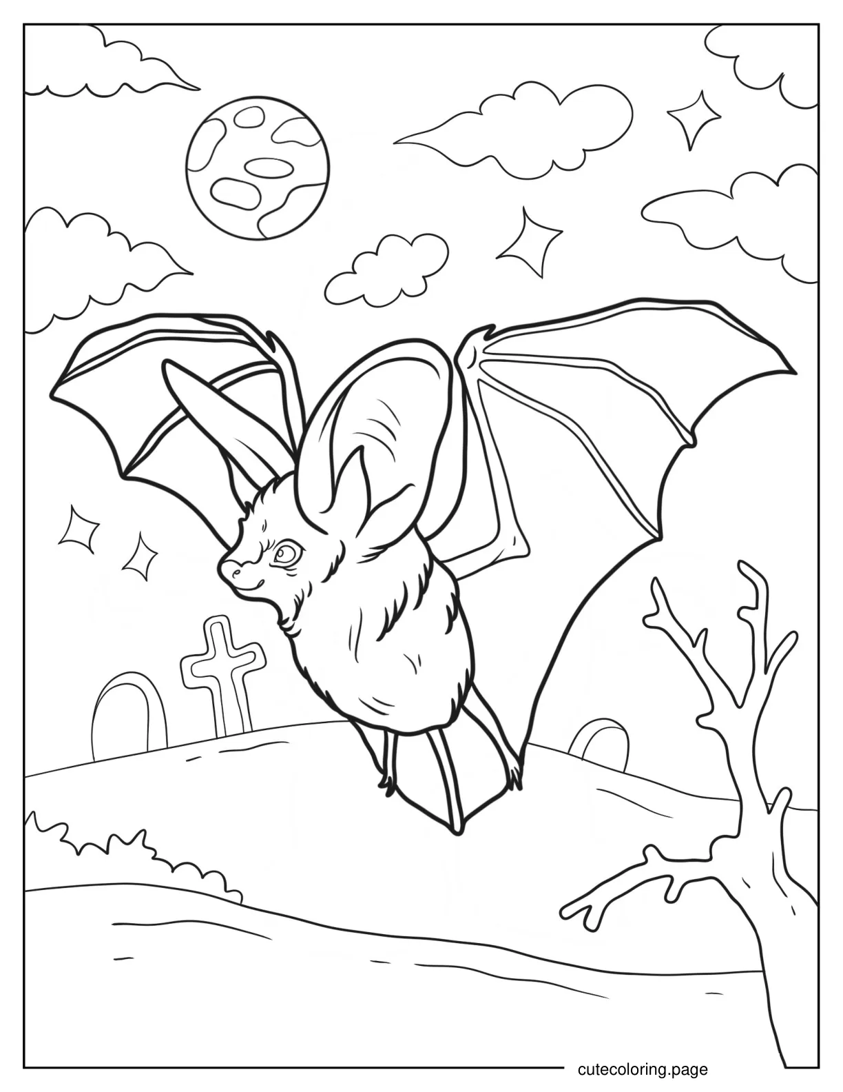 Creepy Bat Flying Over Graveyard On Halloween Coloring Sheet coloring page