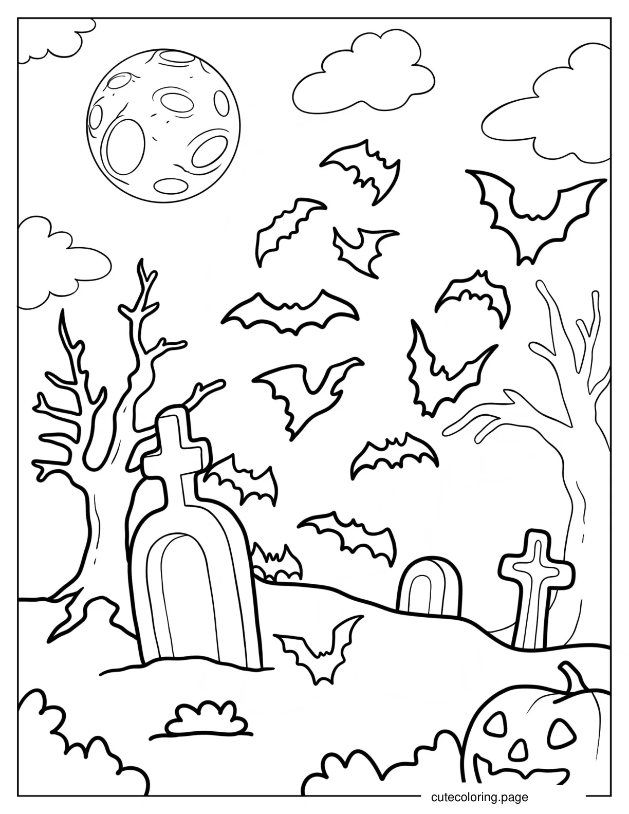 Halloween Graveyard With Bats In The Sky Coloring Sheet coloring page