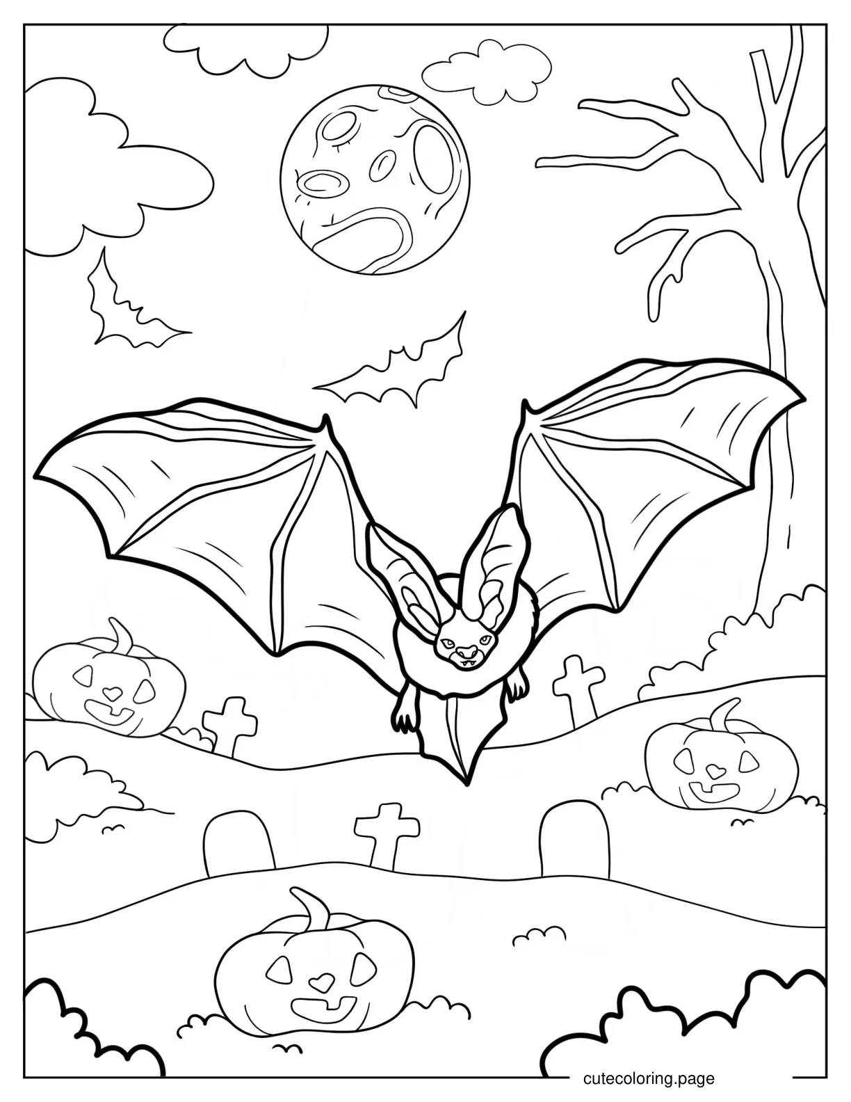 Large Bat Flying Over Tombstones Halloween Coloring Sheet coloring page