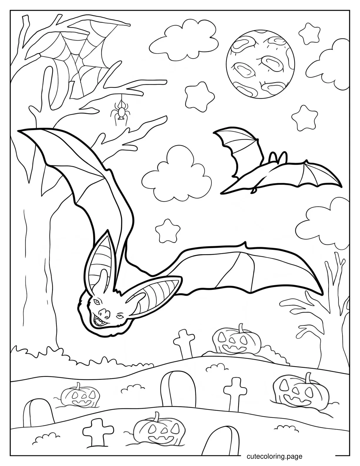 Realistic Bats Flying In Cemetery Coloring Page coloring page