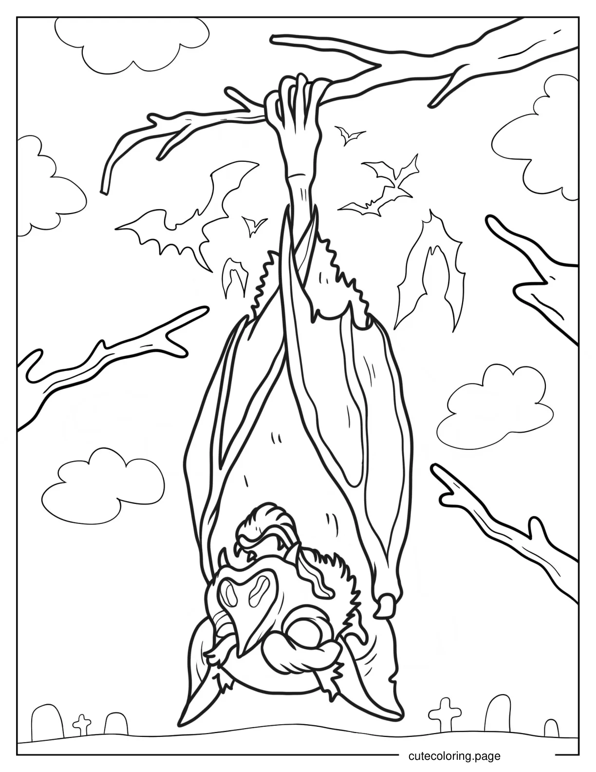 Scary Bat Roosting On Tree Branch Coloring Page coloring page