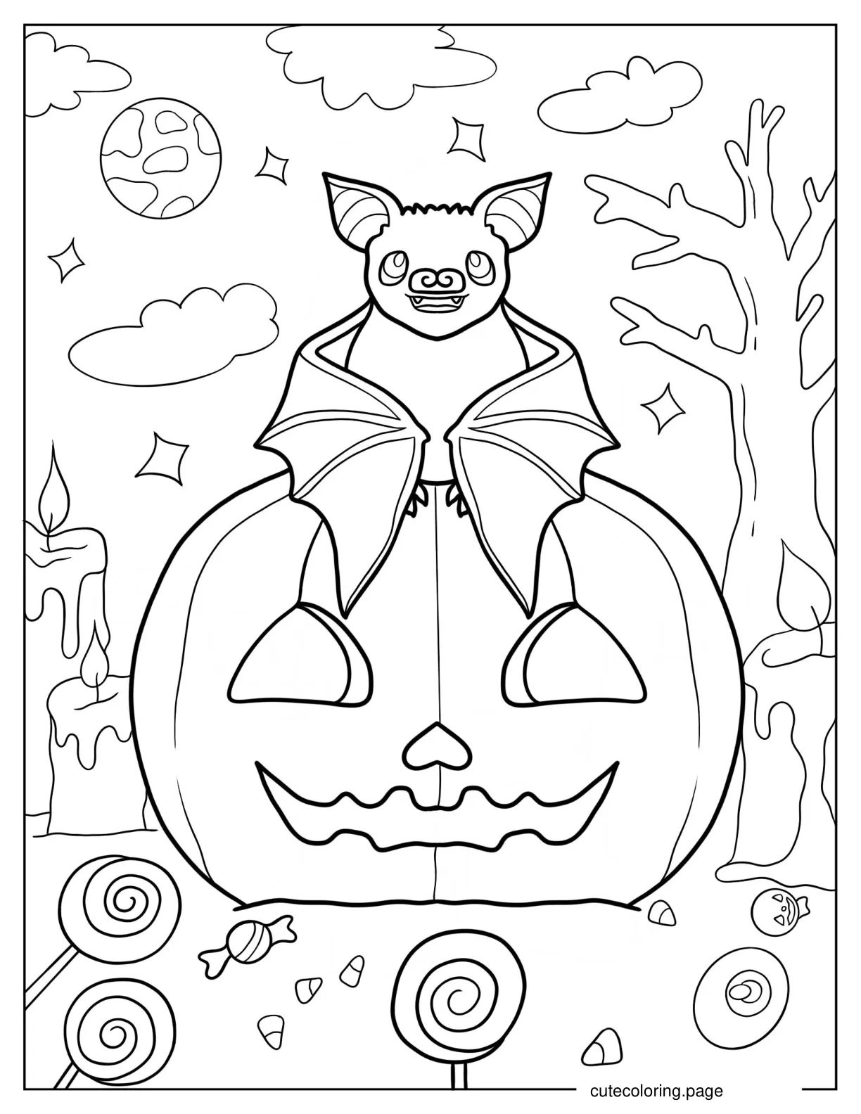 Small Bat Sitting On Jack O Lantern Halloween Coloring Sheet coloring page