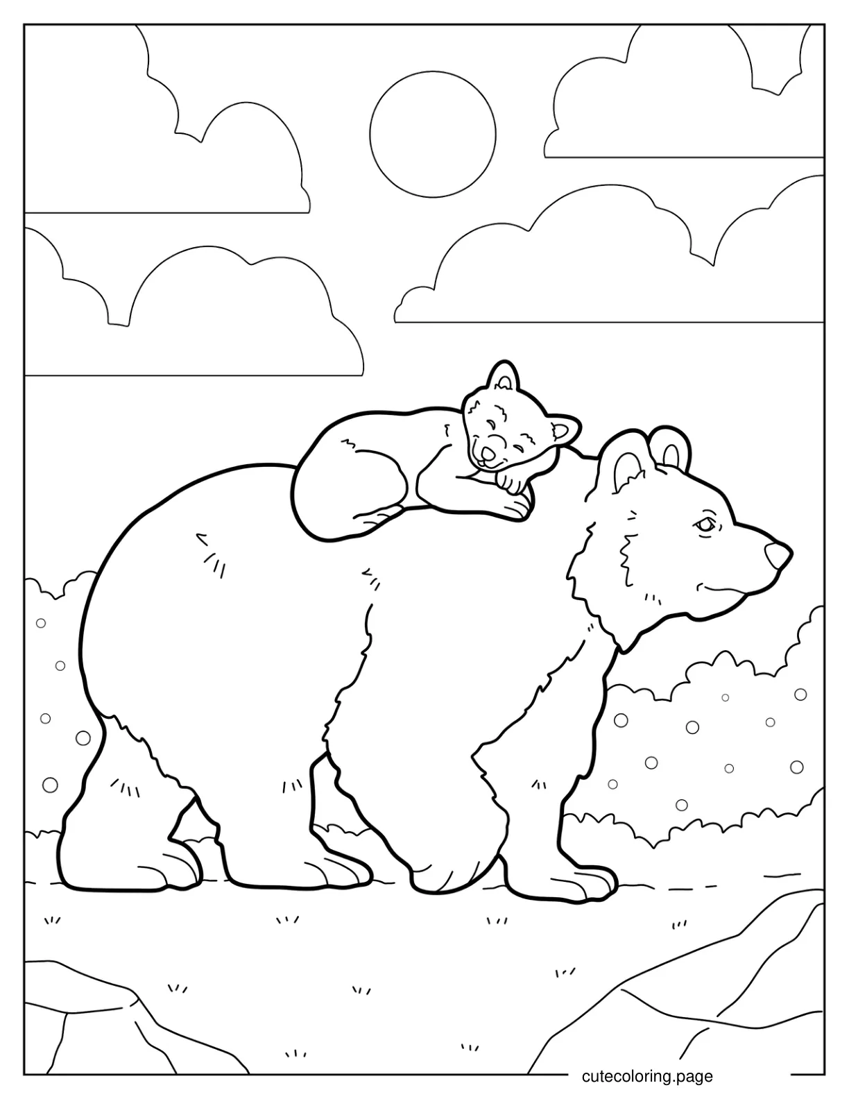 Bear Cub Sleeping On Mama Bear_s Back While She_s Walking Coloring Sheet coloring page