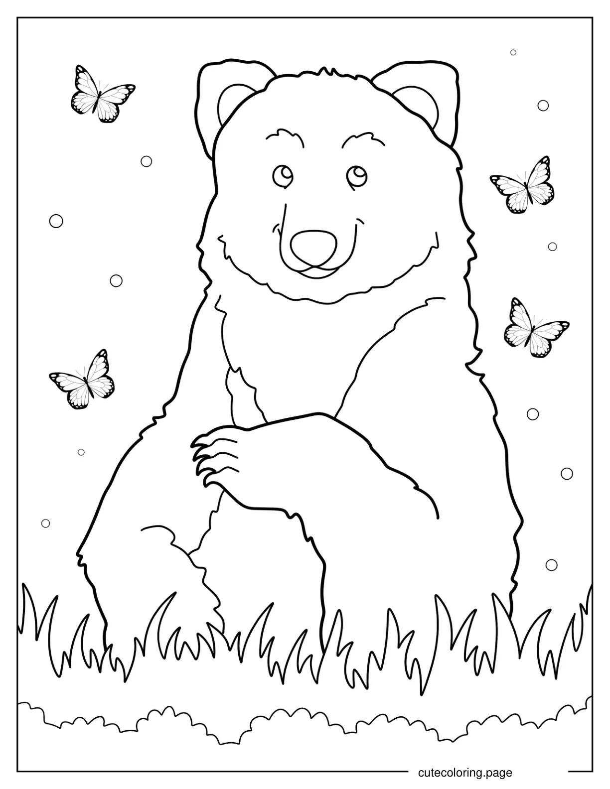 Cute Bear Sitting In Grass With Butterflies Coloring Sheet coloring page