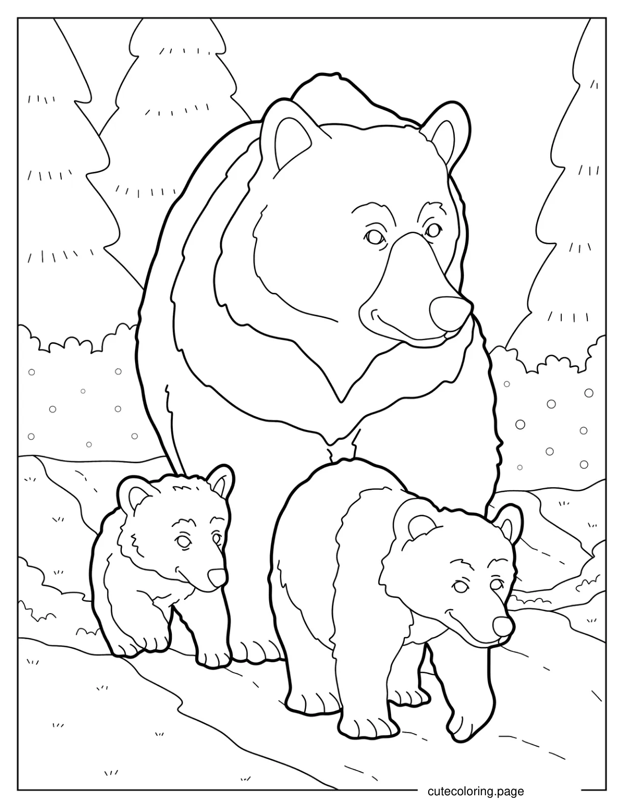 Mama Bear Walking With Her Two Cubs In Forest coloring page