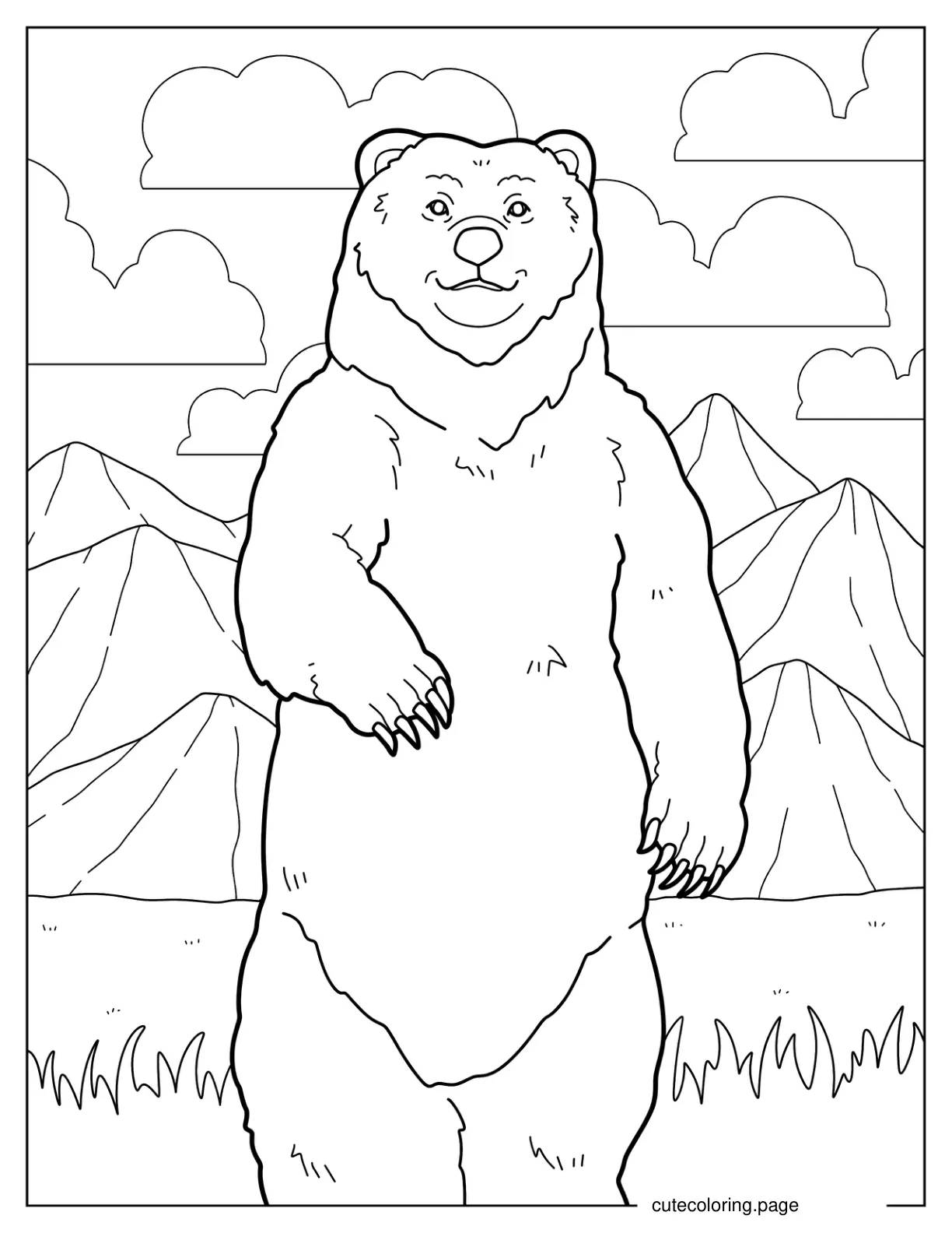 Realistic Bear Standing Up In Mountainside Coloring Page coloring page