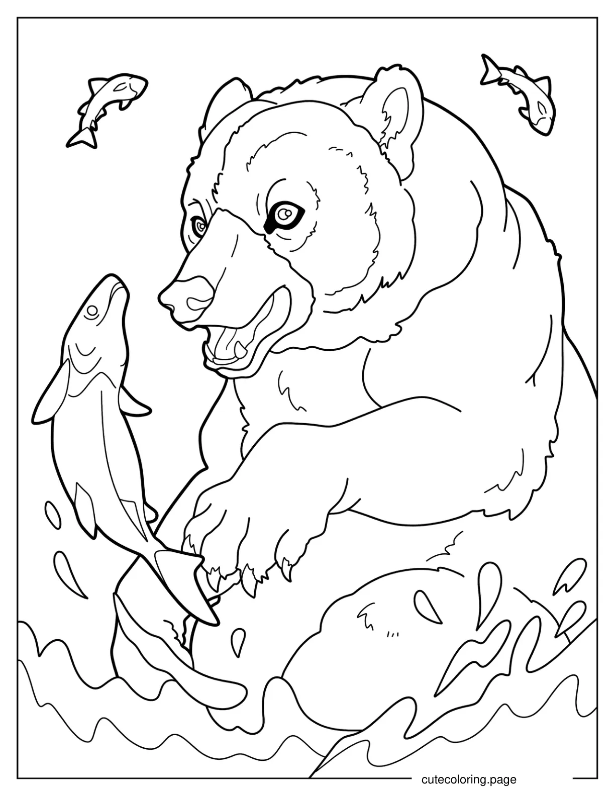 Scary Bear Catching Fish In The Air Coloring Sheet coloring page