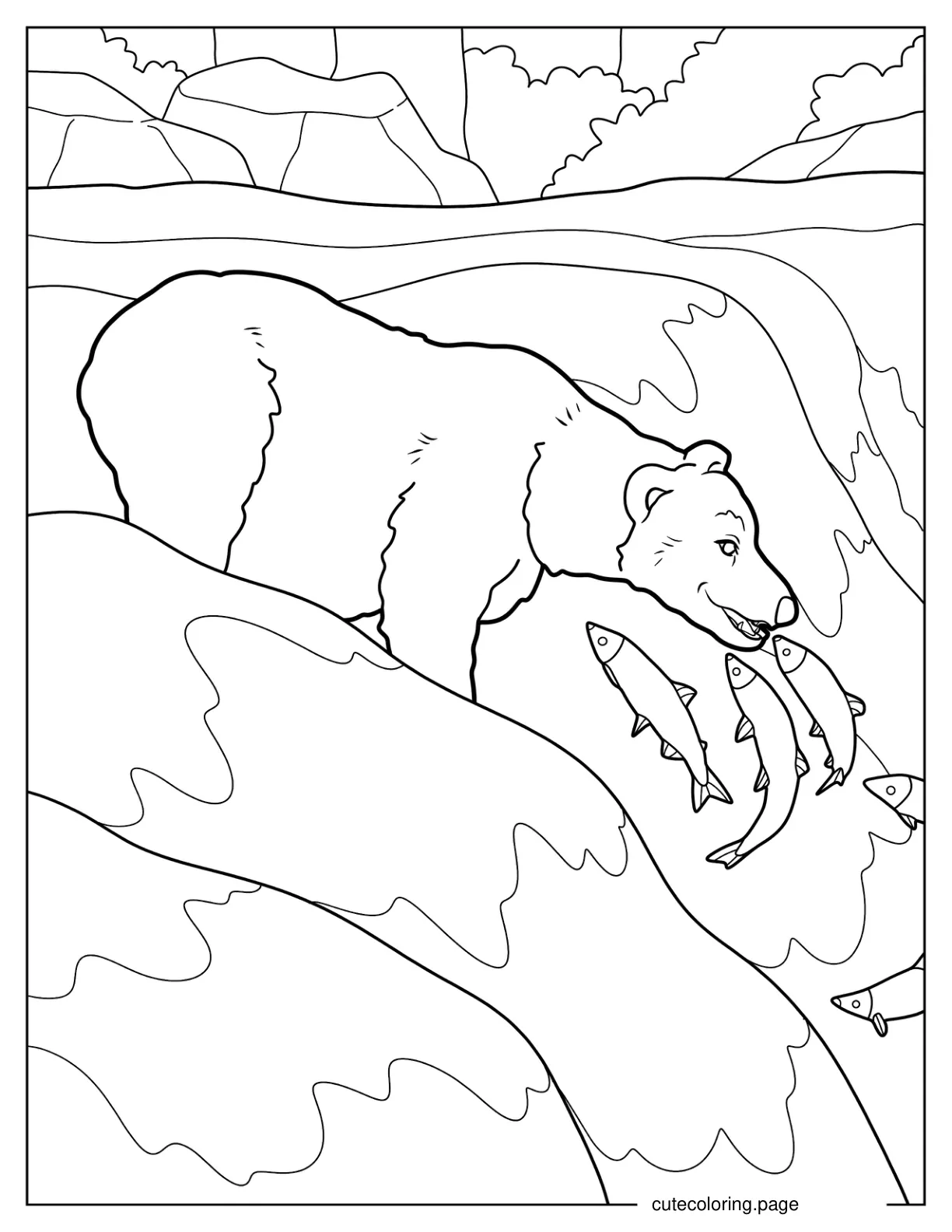 Simple Bear Catching Fish In Waterfalls coloring page