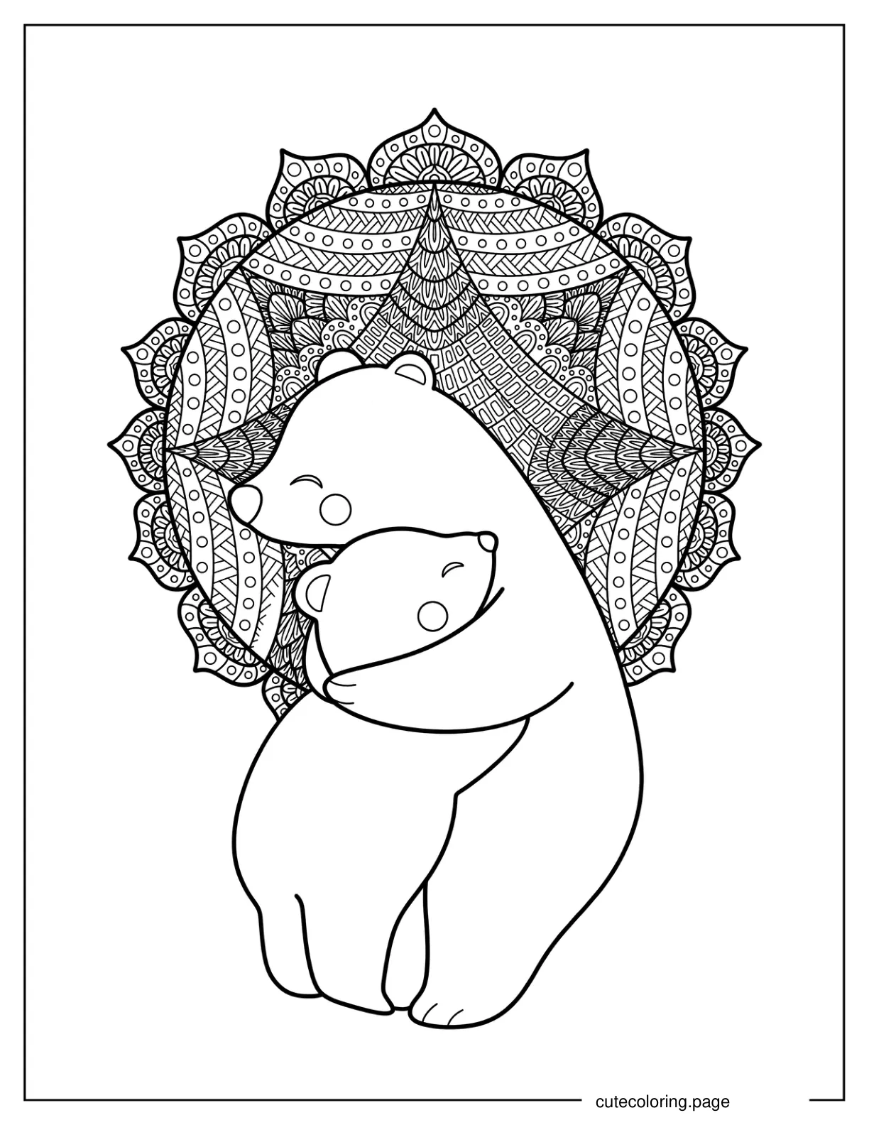 Two Cartoon Bears Hugging In Front Of Mandala Coloring Sheet coloring page