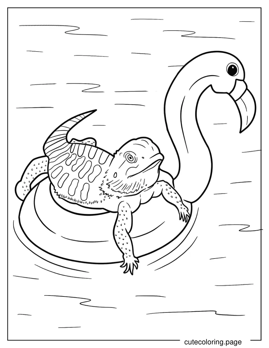 Cute Bearded Dragon On Flamingo Inflatable 1 coloring page