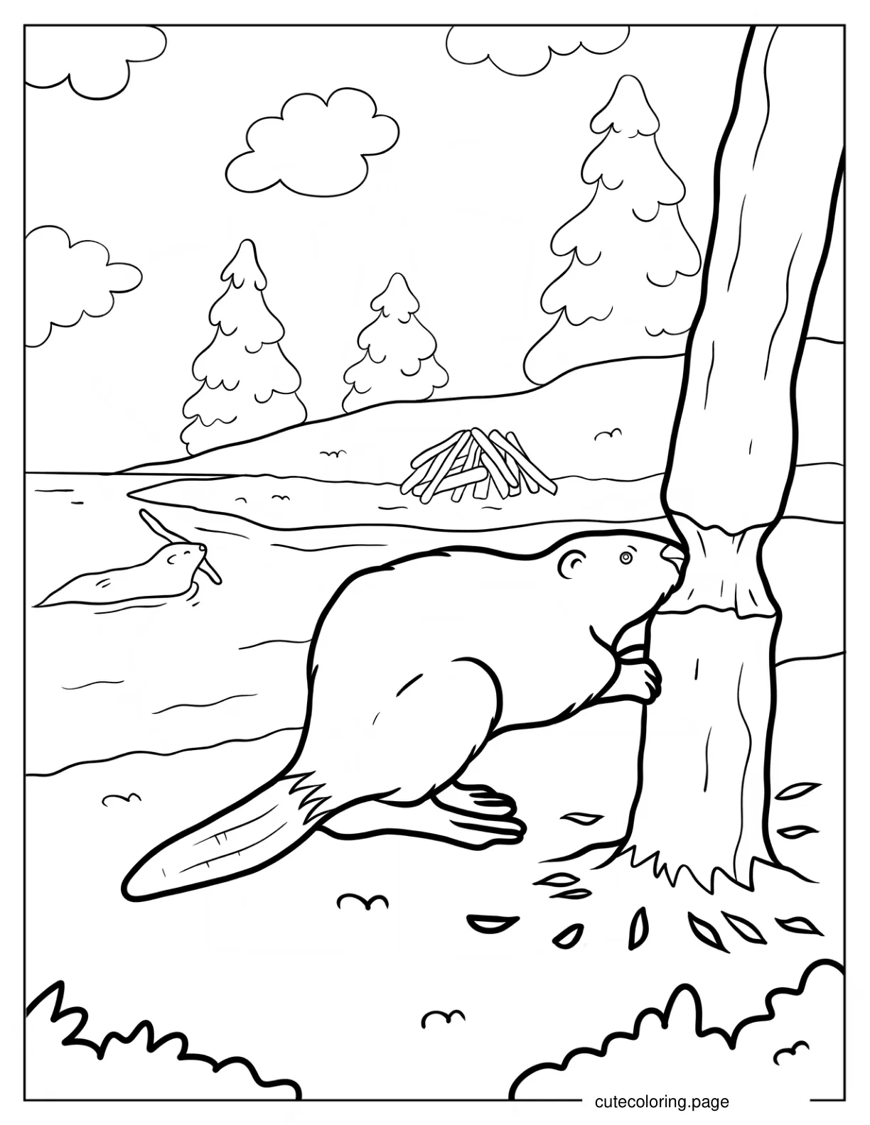 Beaver Felling A Tree Coloring Sheet coloring page