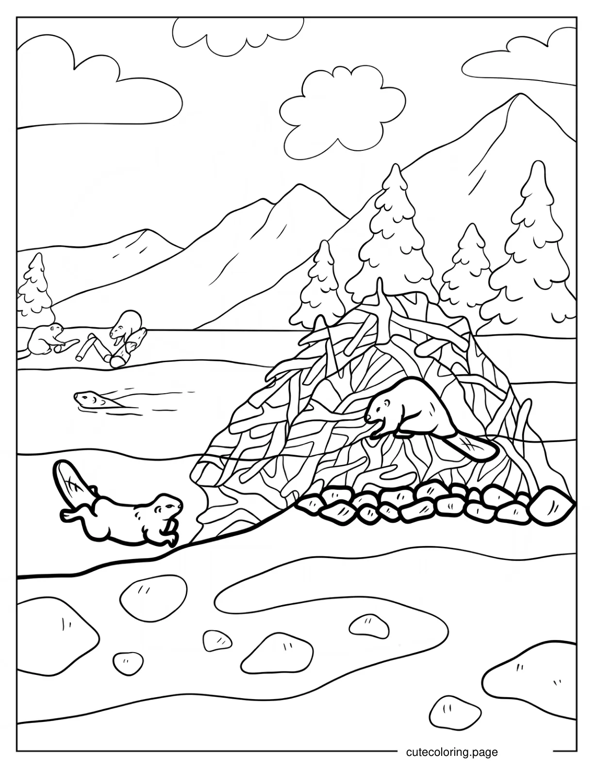 Beavers Building A Lodge In The River Coloring Sheet coloring page