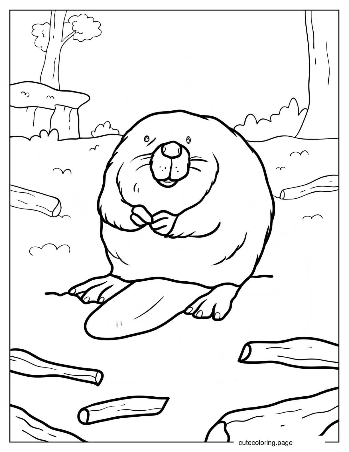 Big Fluffy Beaver Sitting On The Grass Coloring Page coloring page