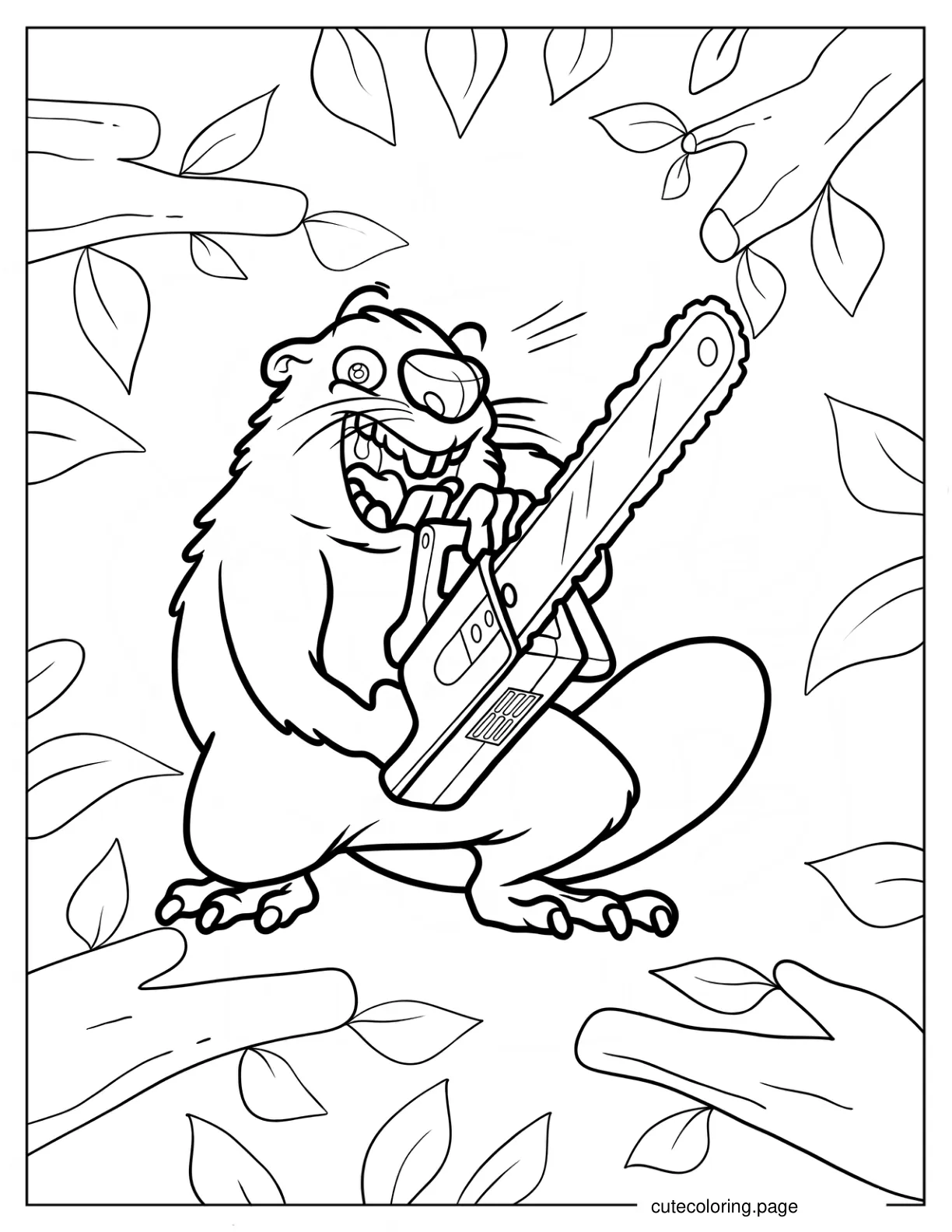 Happy Beaver Holding A Chainsaw Coloring Sheet.pdf coloring page