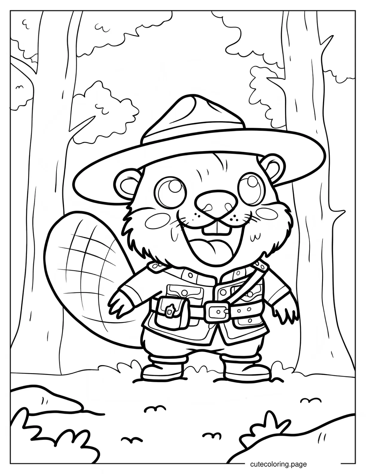 Kawaii Little Beaver In A Mountie Uniform Coloring Page coloring page