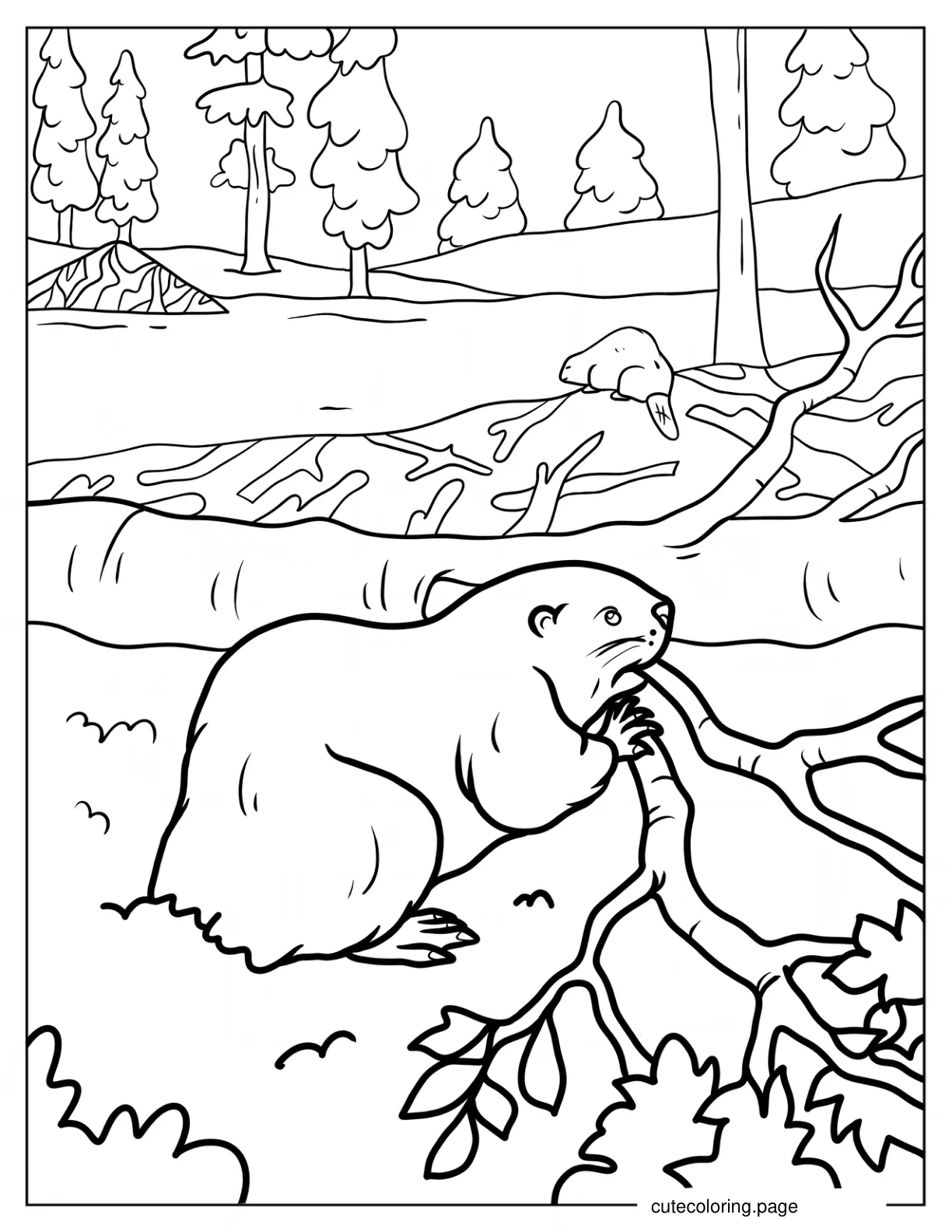 Large Beaver Chewing Off Branches From Tree Coloring Sheet coloring page