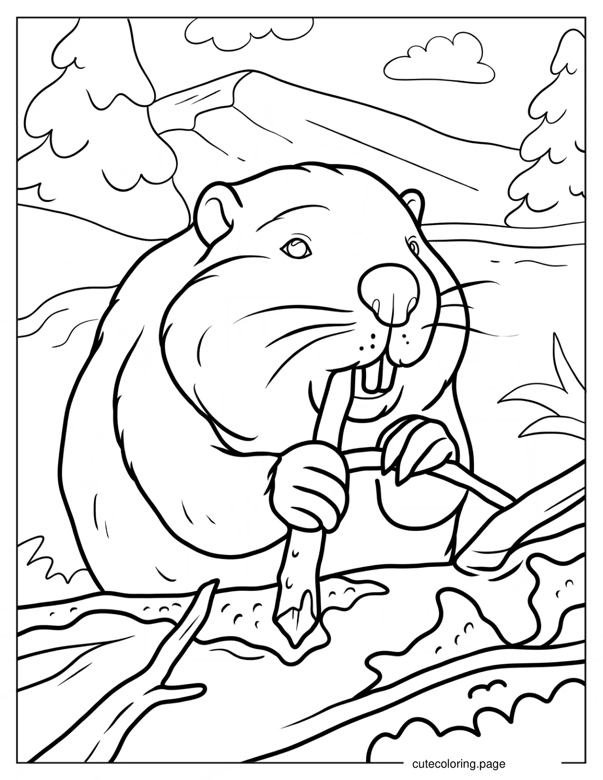 Realistic Beaver Chewing On Wood coloring page