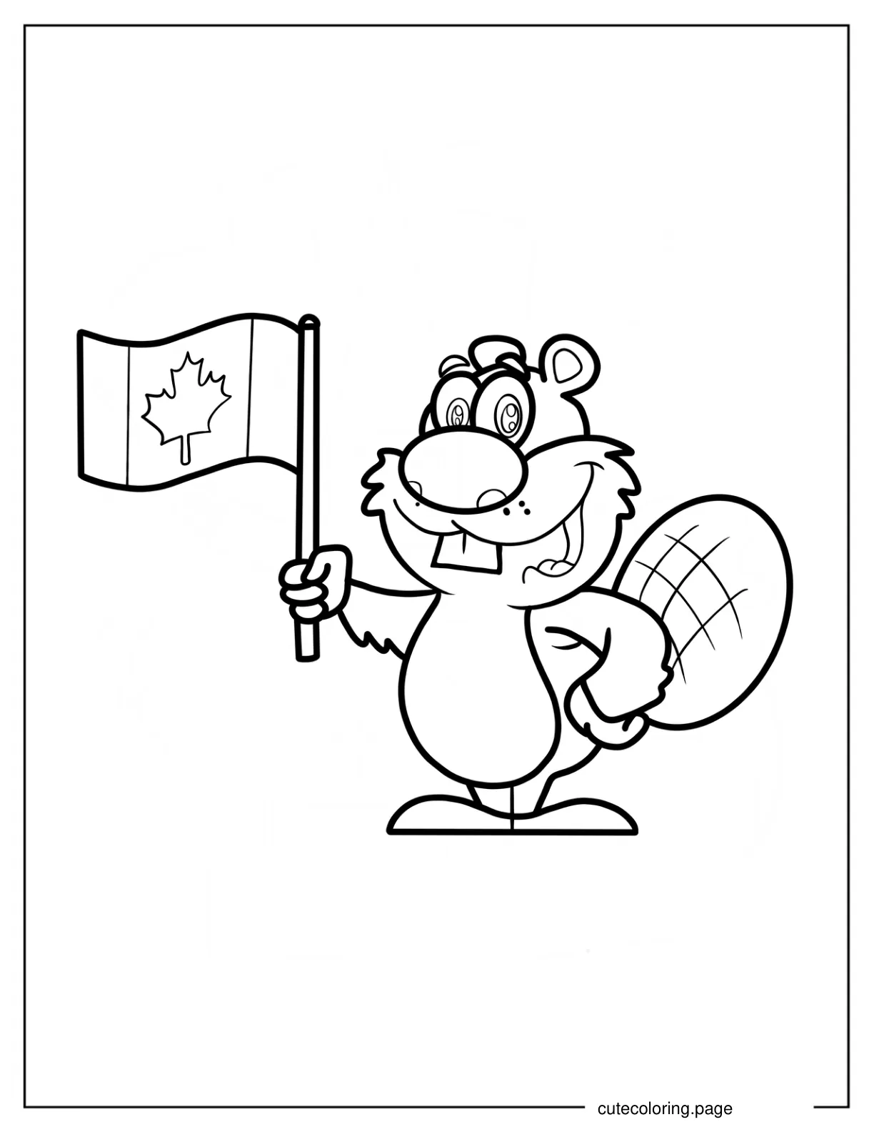 Simple Cartoon Beaver Mascot Holding Canadian Flag Coloring Page For Kids coloring page