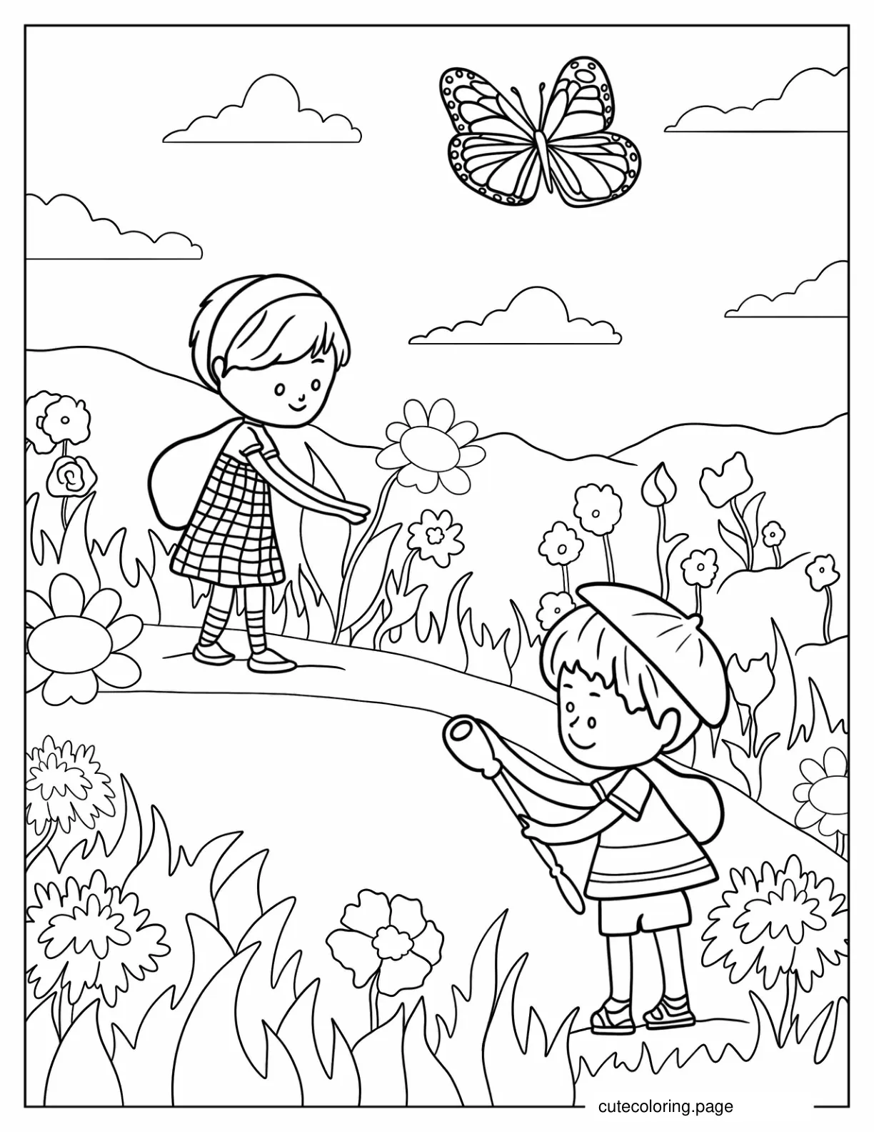 A Butterfly Hovering Over A Field Of Flowers With Two Children coloring page