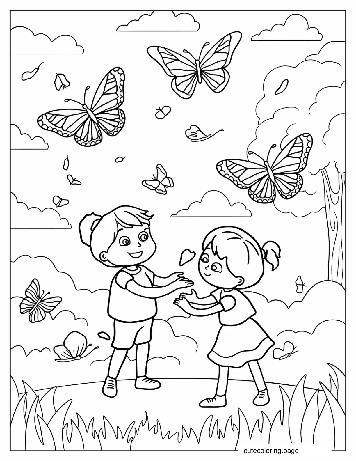 Boy And Girl Playing In Nature With Butterflies coloring page