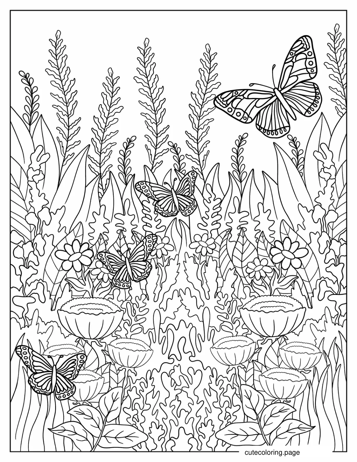 Butterflies Among Wildflowers And Grass coloring page