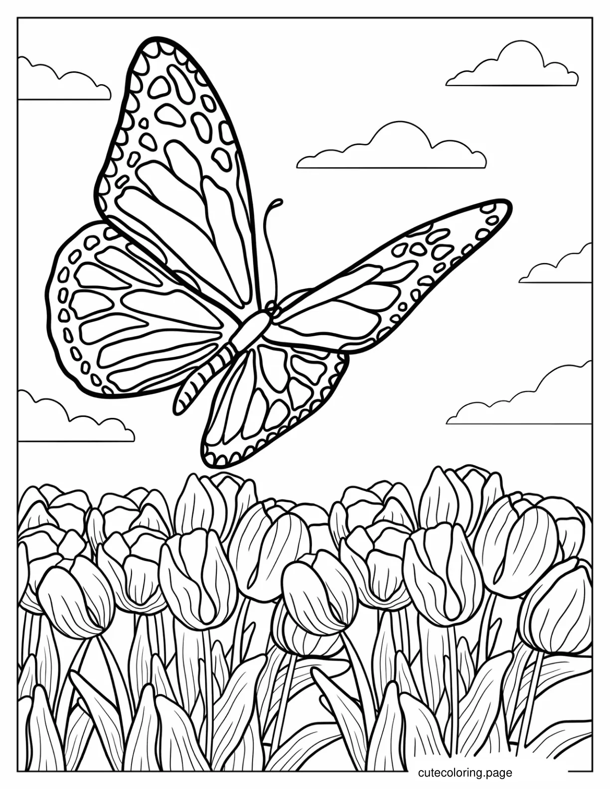 Butterfly Flying Over Field Of Tulips coloring page