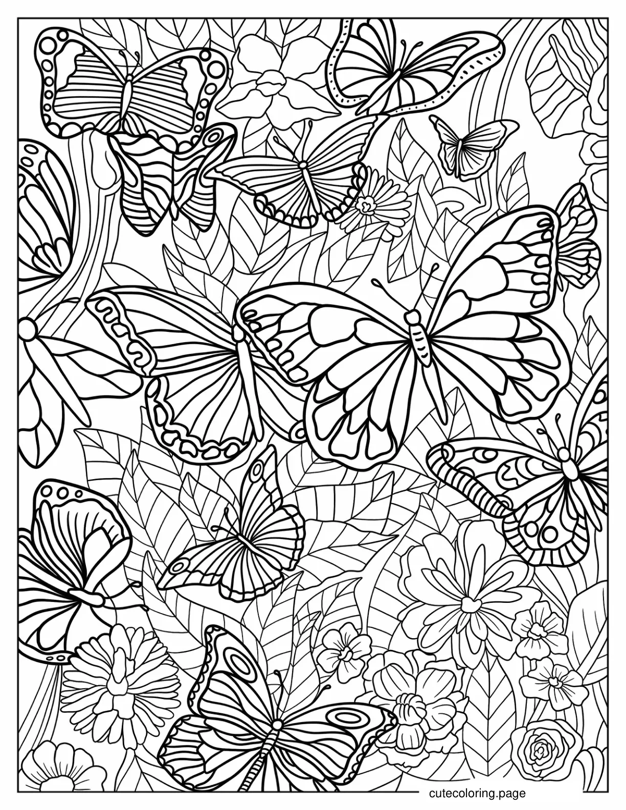 Dozens Of Realistic Butterflies On Flowers coloring page