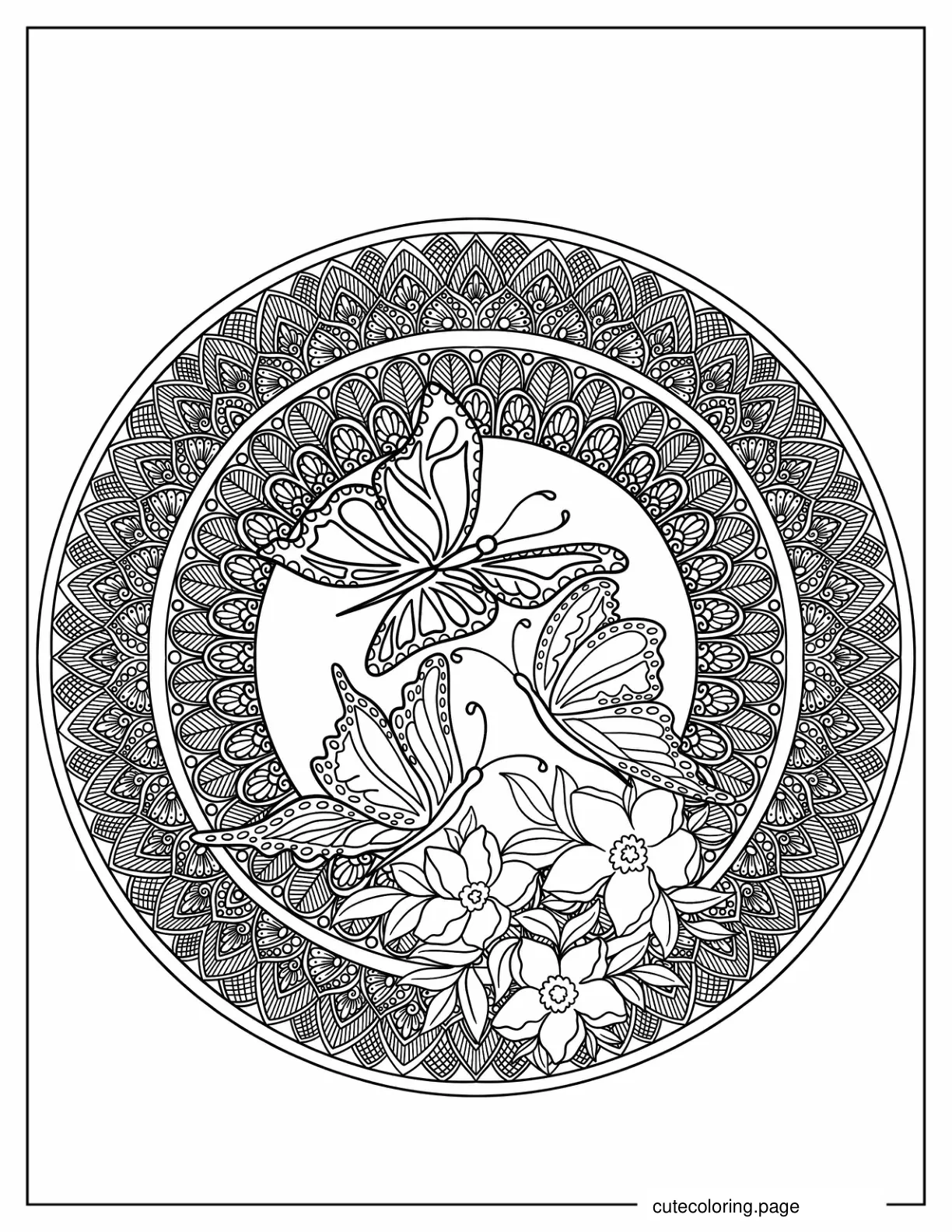 Intricate Butterfly Mandala With Flowers coloring page