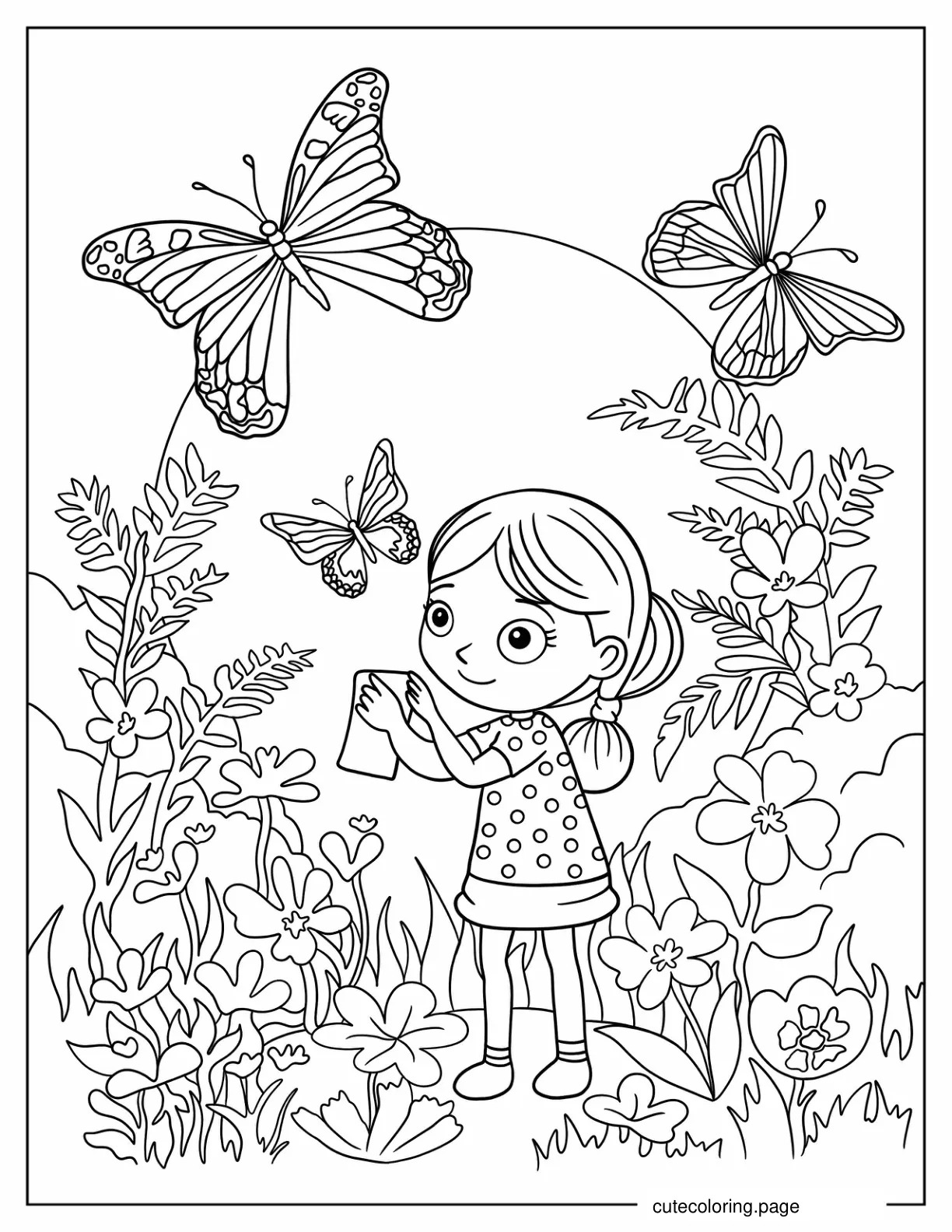 Large Butterflies In A Secret Garden With Little Girl coloring page