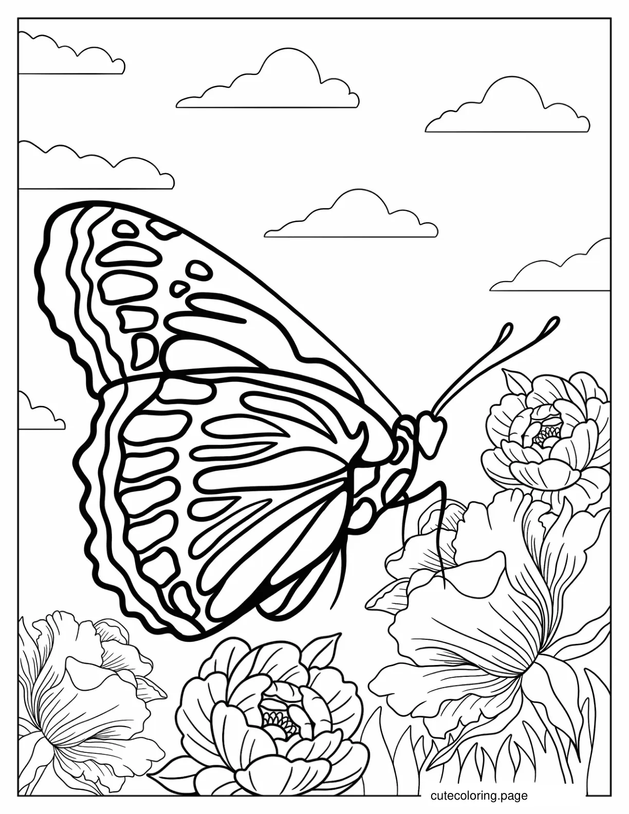 Large Butterfly Feeding On Realistic Flowers coloring page