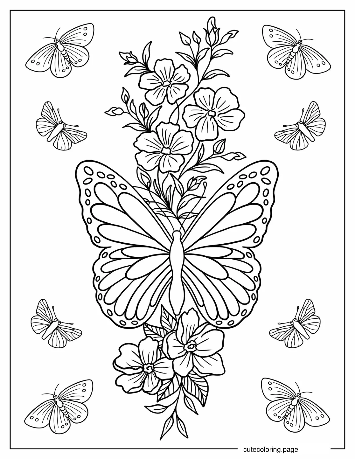 Large Butterfly Resting On A Vine Of Flowers coloring page