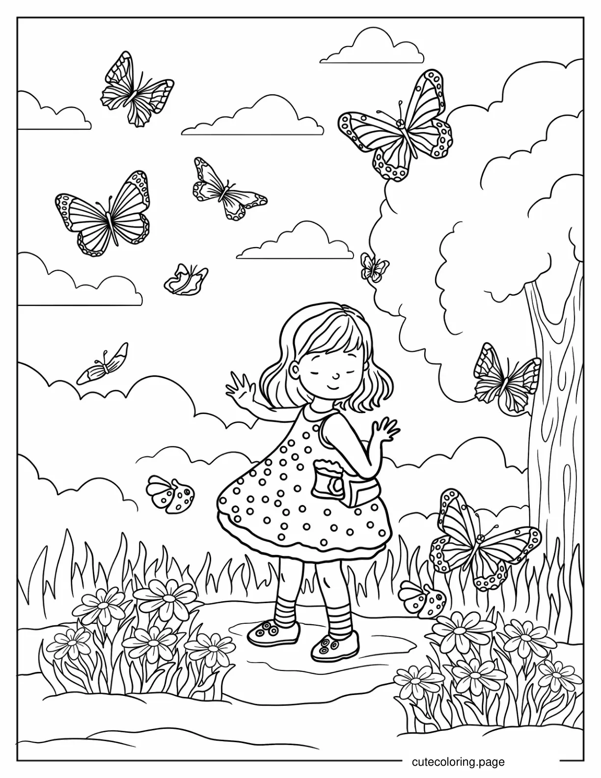 Little Girl Dancing With Butterflies To Color coloring page