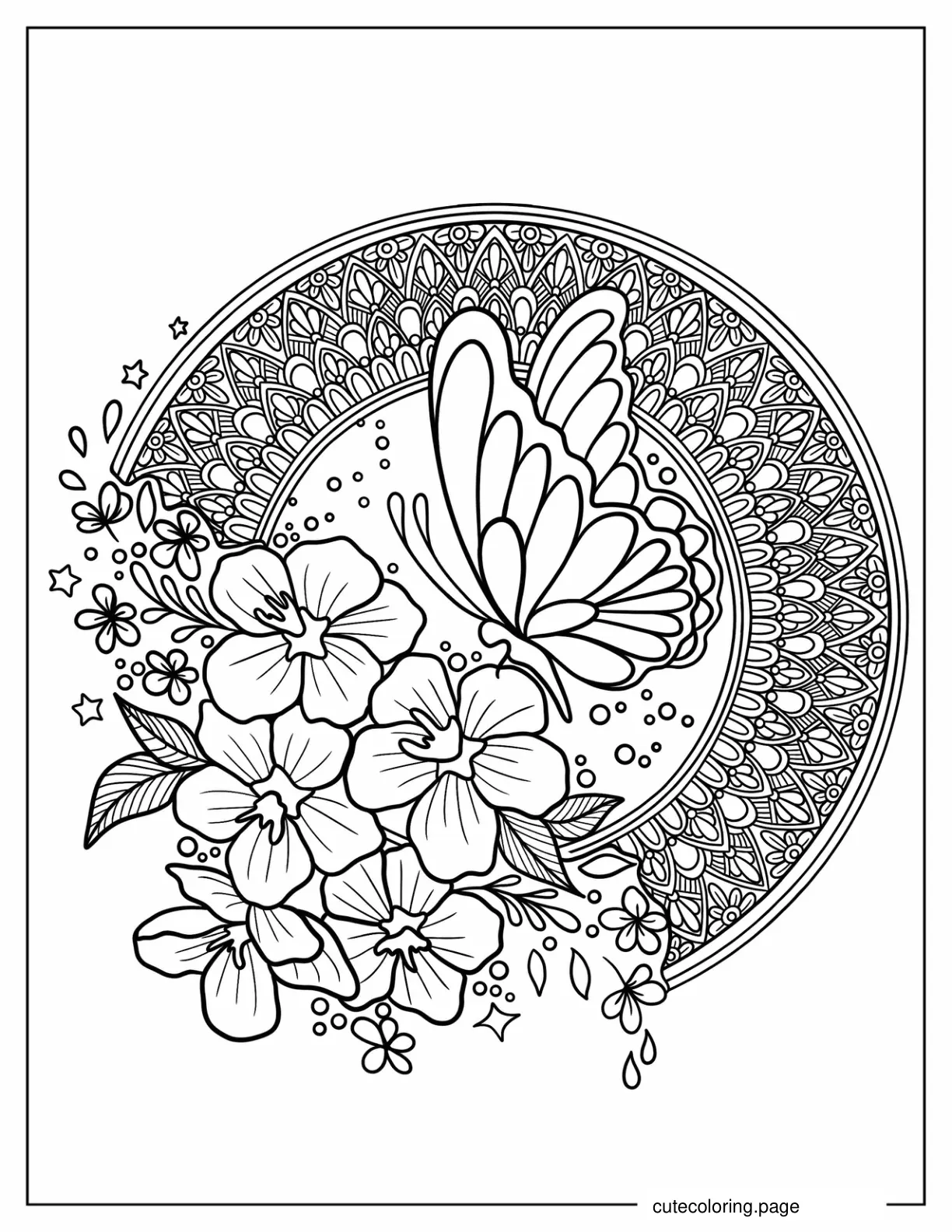 Mandala With Hibiscus Flowers And A Butterfly coloring page