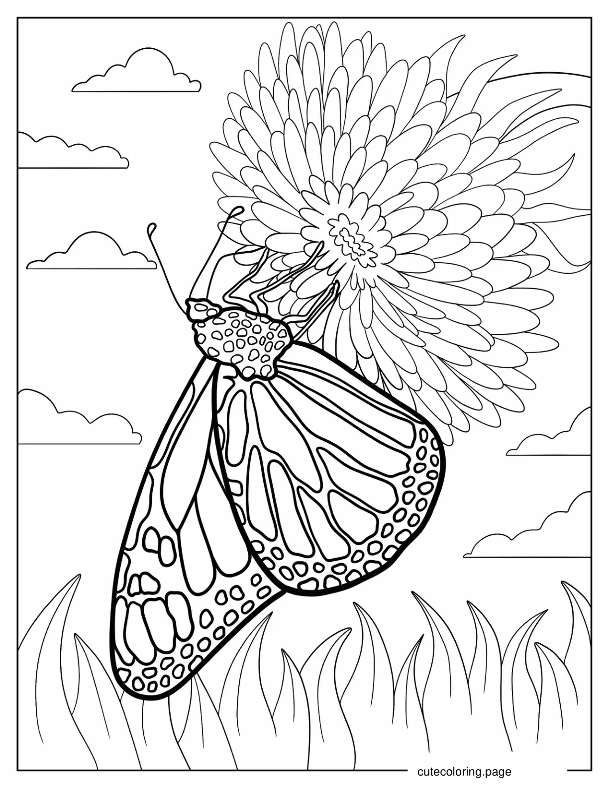 Monarch Butterfly Gathering Pollen From Zinnia Flower coloring page