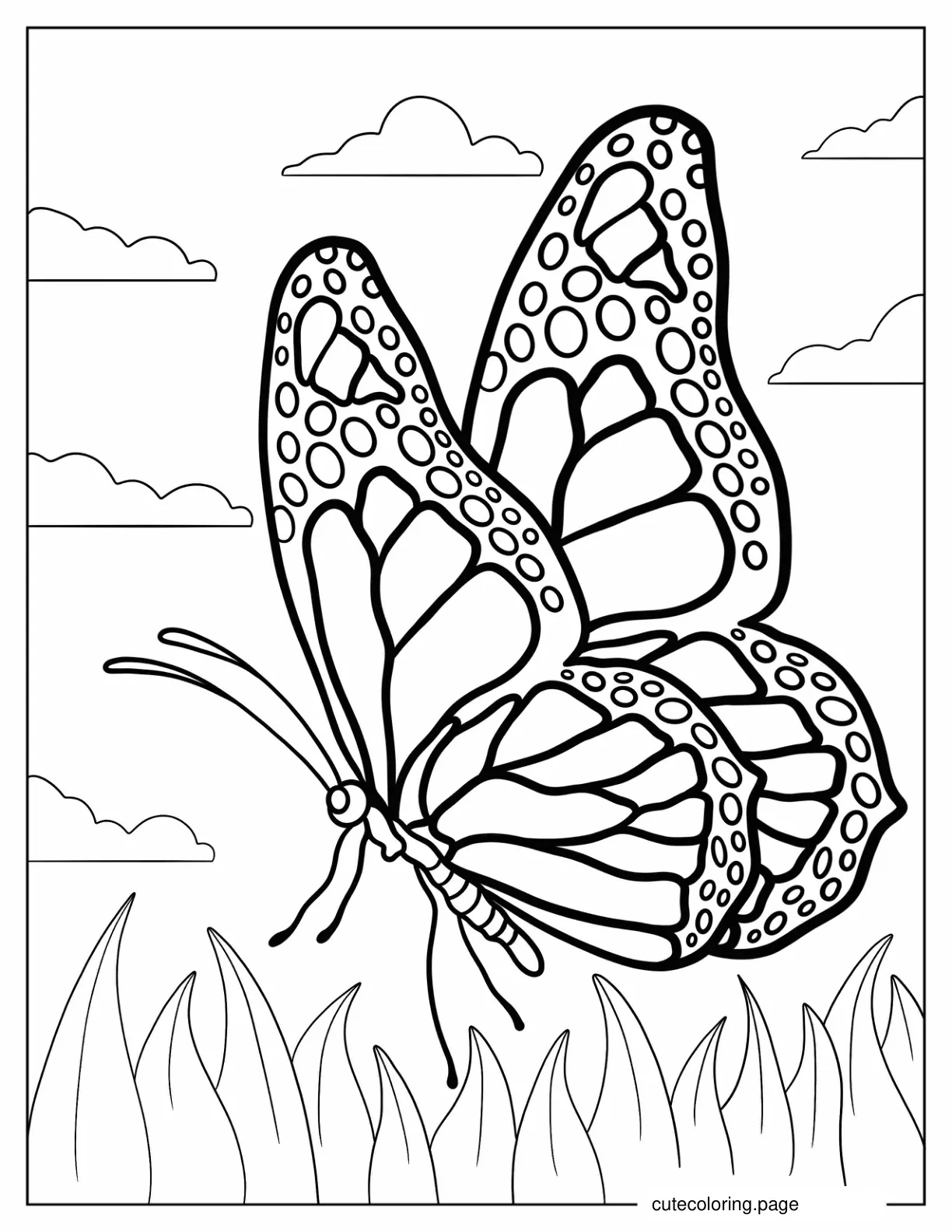 Monarch Butterfly Hovering On Grass coloring page