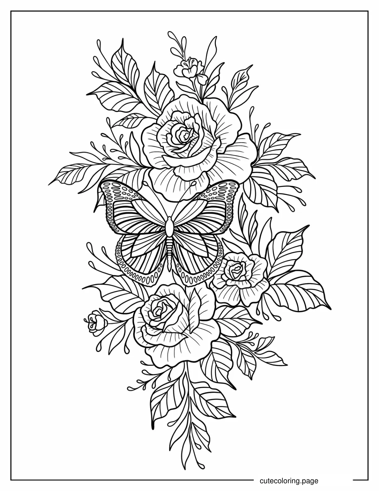 Realistic Butterfly Among Roses coloring page