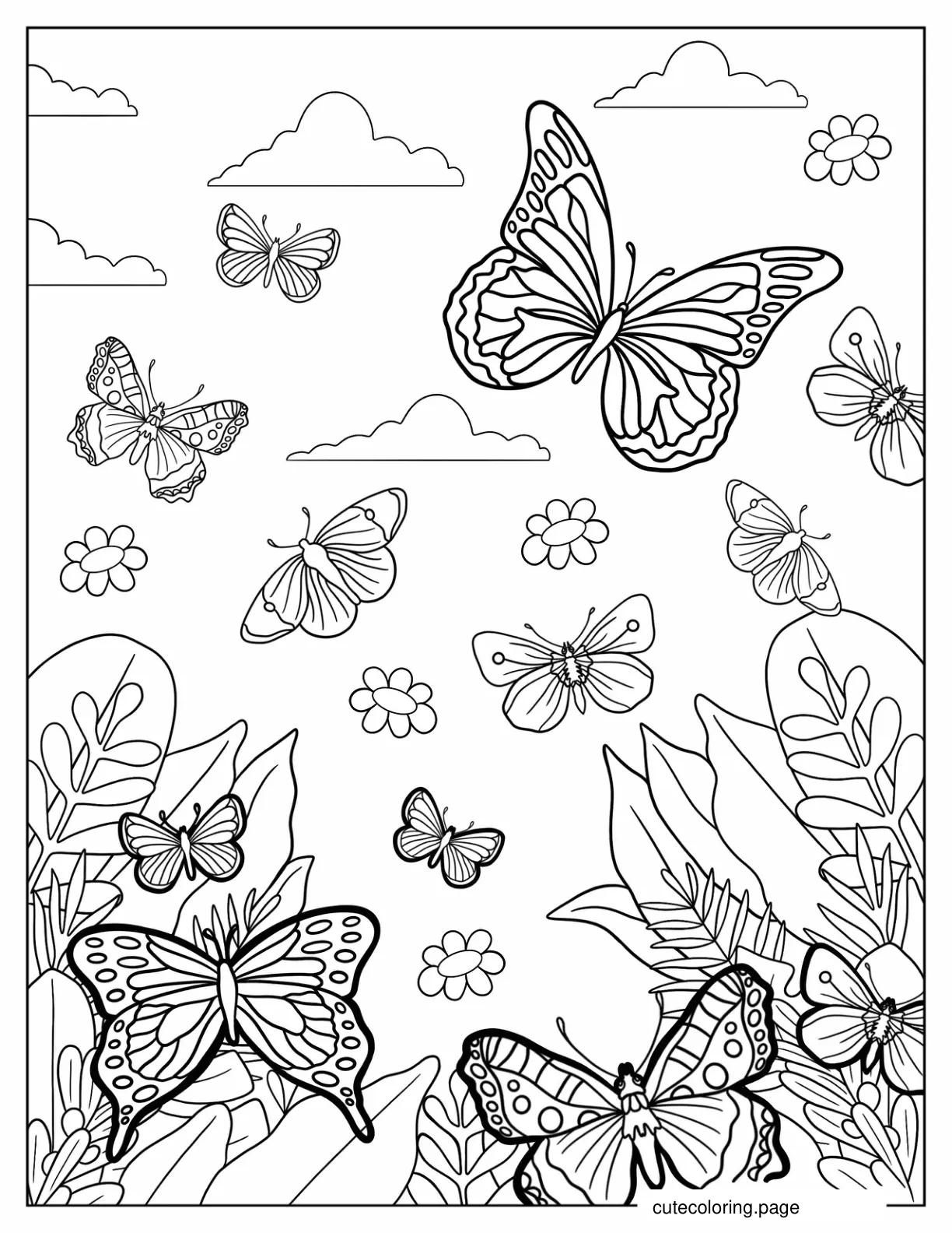 Several Butterflies Enjoying A Flower Field Coloring Page coloring page