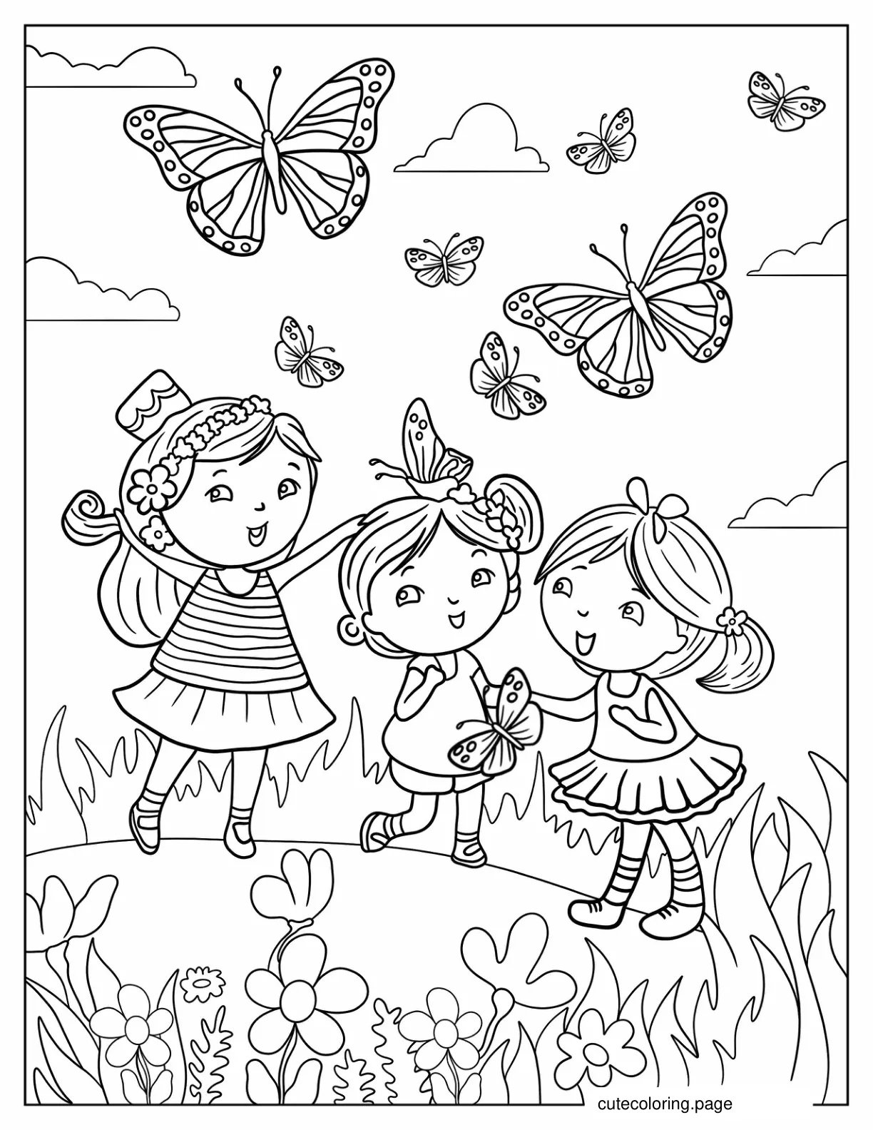 Three Children Enjoying The Butterflies coloring page