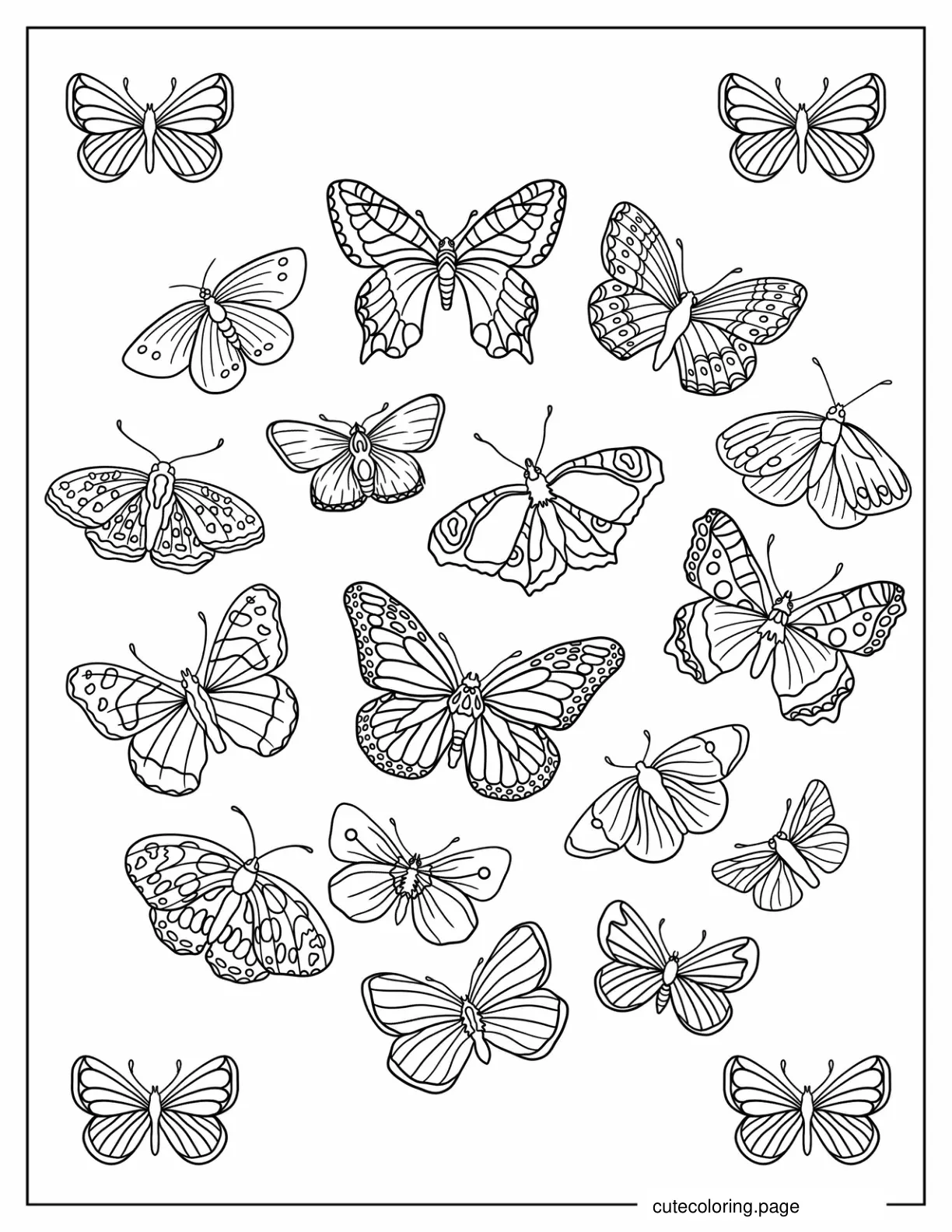 Top View Of An Assortment Of Butterflies coloring page