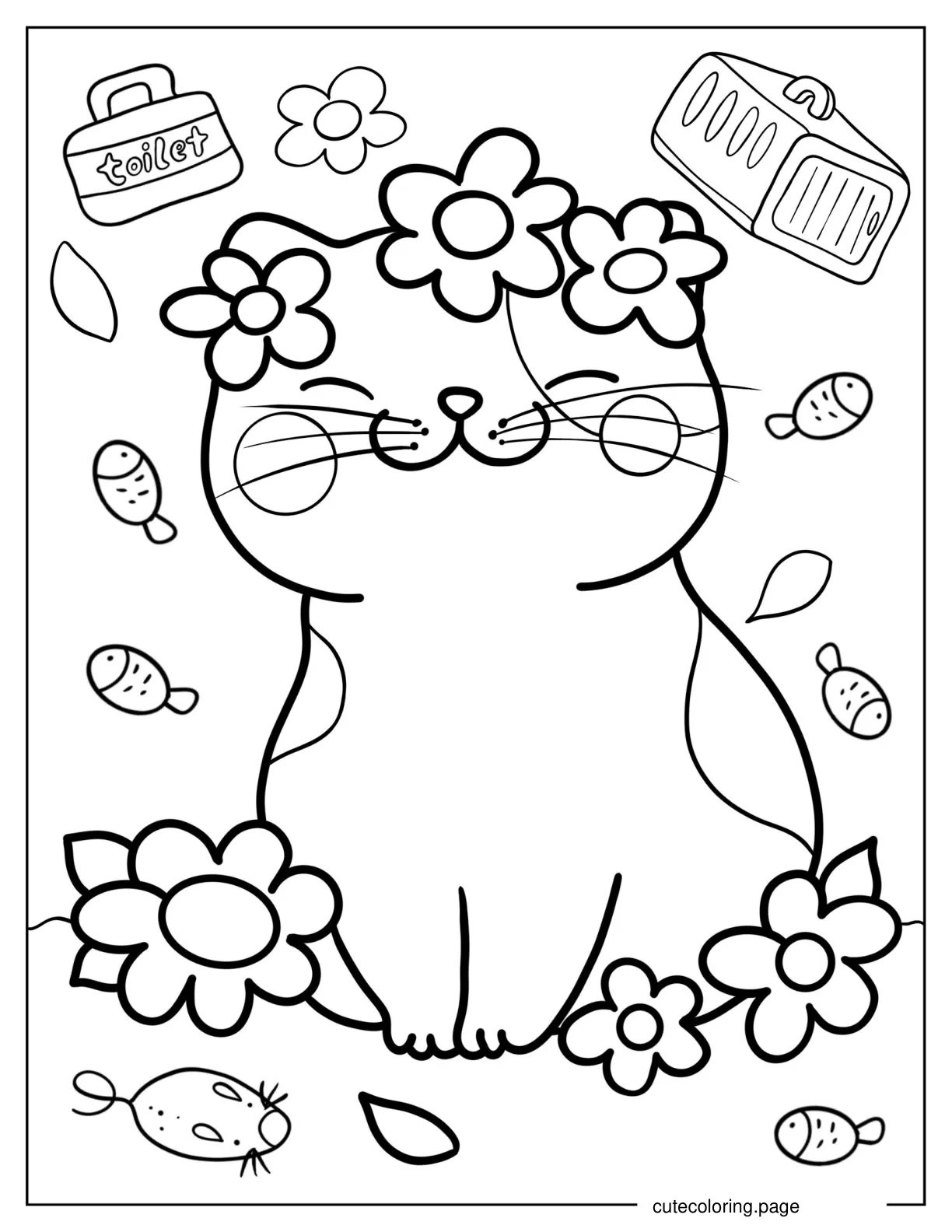 Cartoon Cat With Flowers Coloring In For Preschoolers coloring page