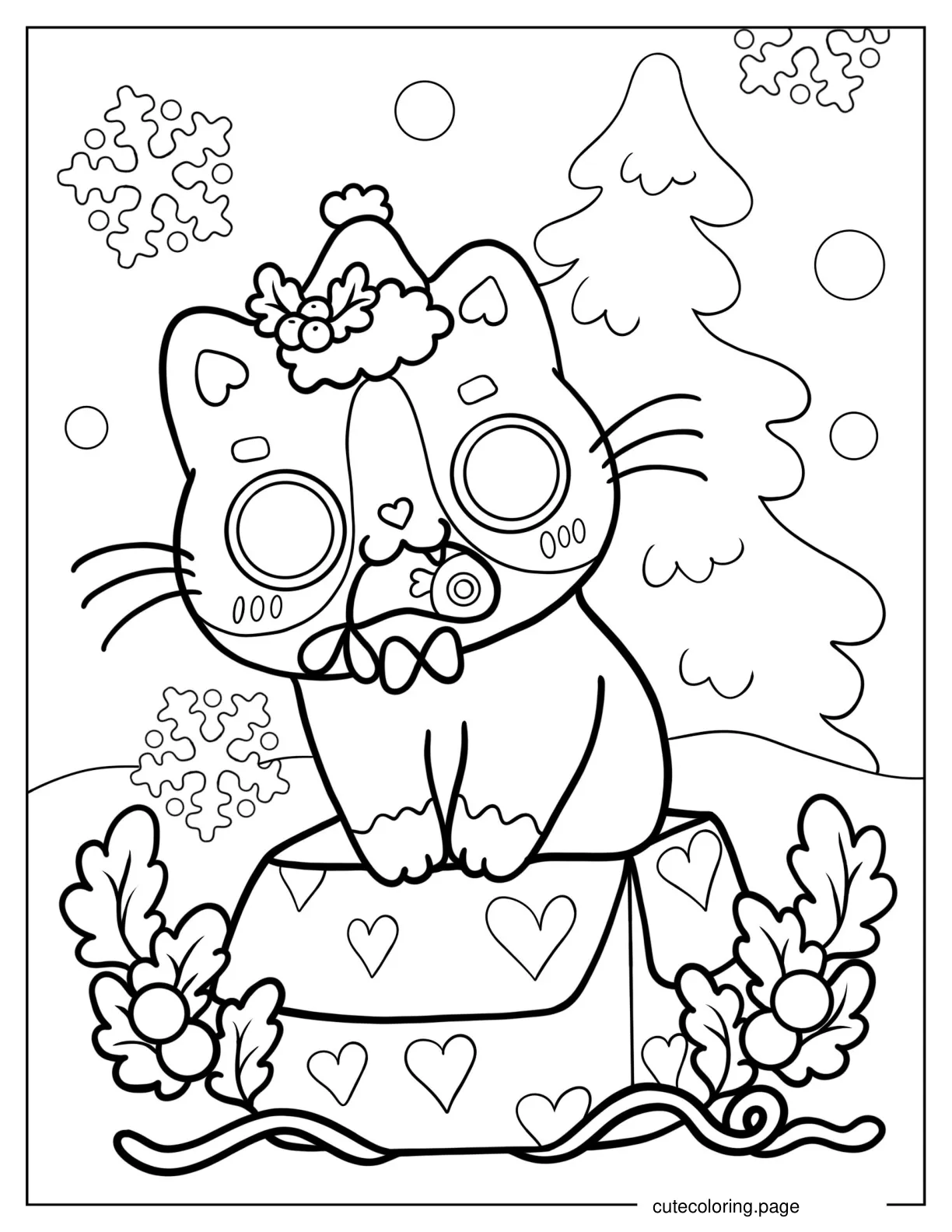 Cat Eating Fish Treat On Christmas Day Coloring Page coloring page