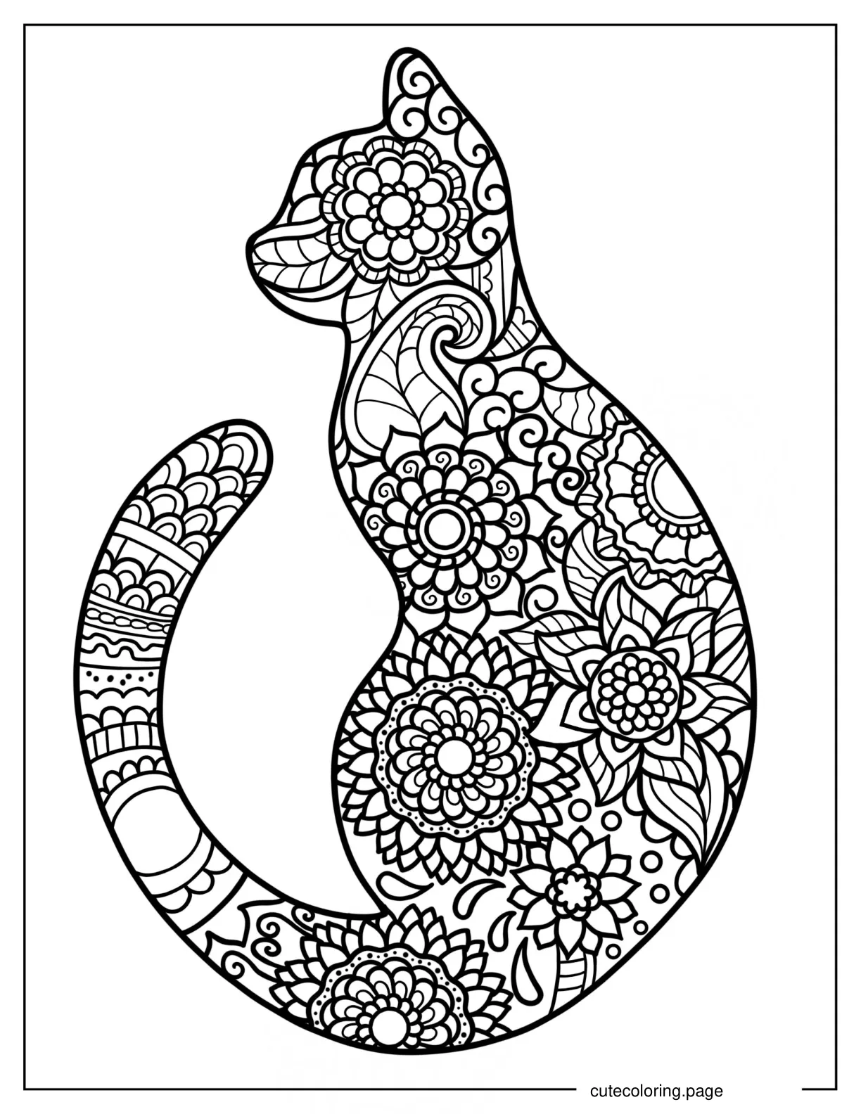 Cat Shaped Floral Mandala Coloring Page coloring page